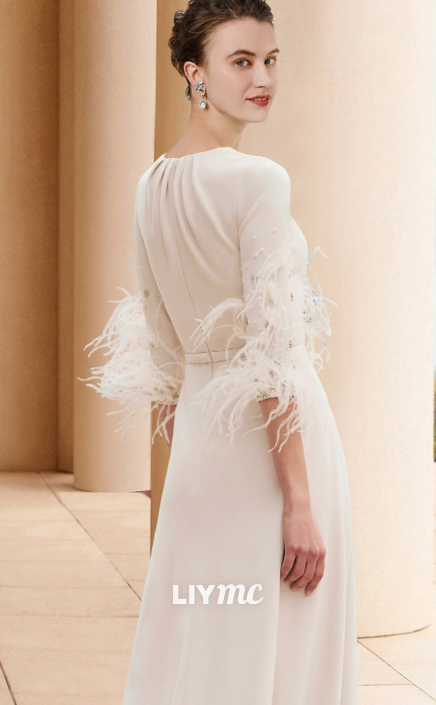 M1029 - Jumpsuit  Pantsuit Mother of the Bride Dress  Half Sleeve with Feather Crystals