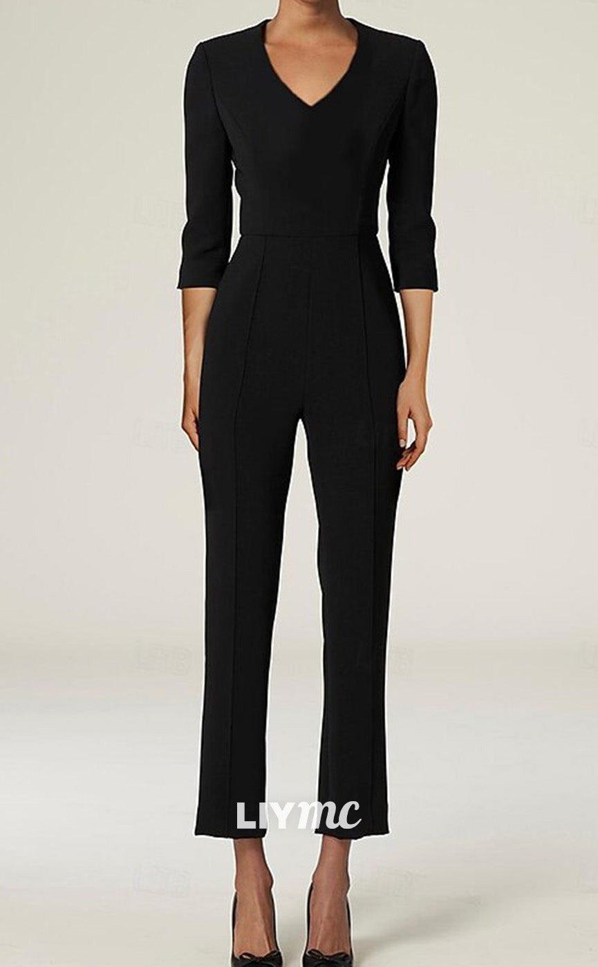 M1045 - Jumpsuit With Overskirt Mother of the Bride Dress Elegant Simple Black Dress V Neck Sweep