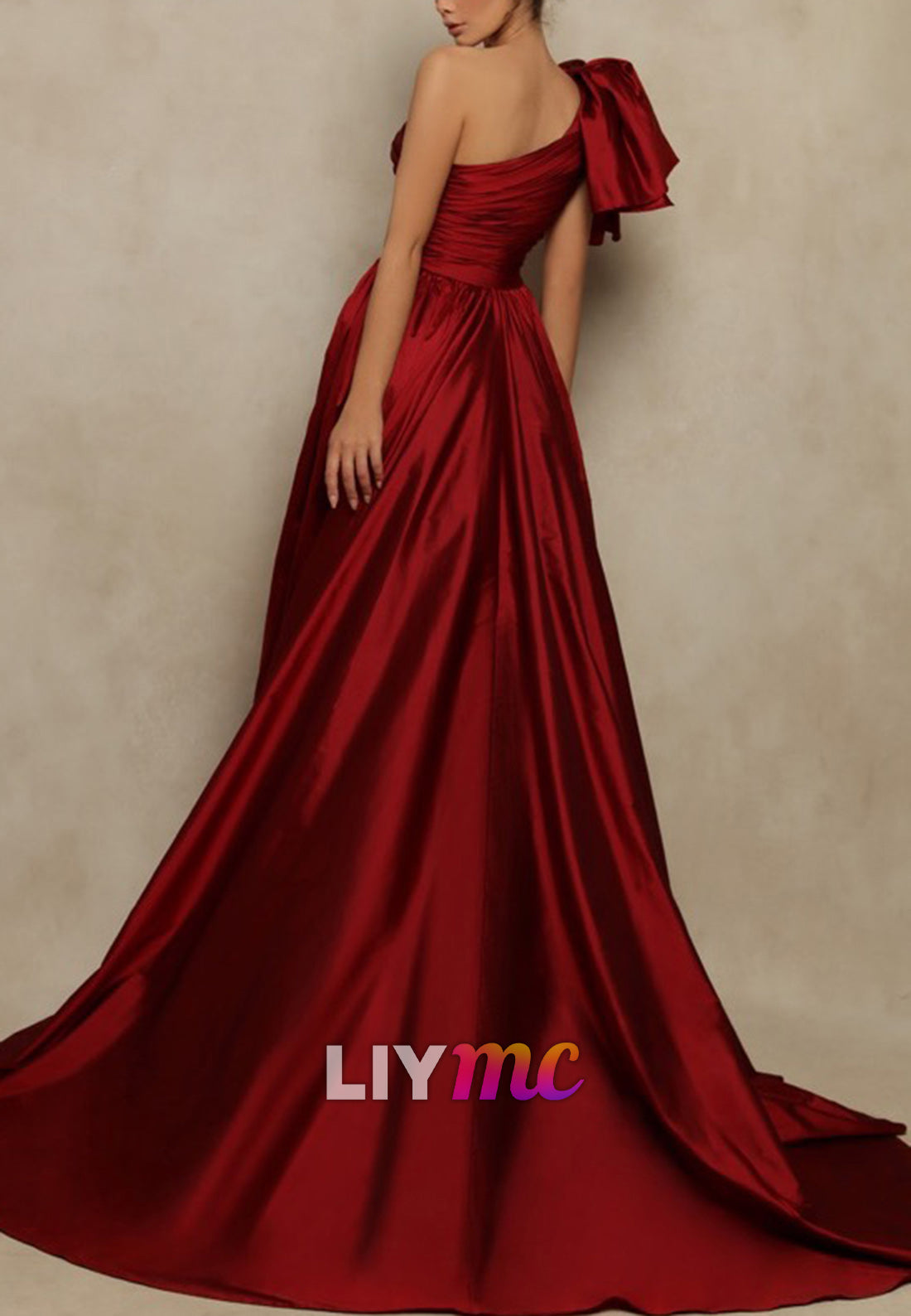 One Shoulder Sleeveless Ruched High Slit Sheath Prom Dress