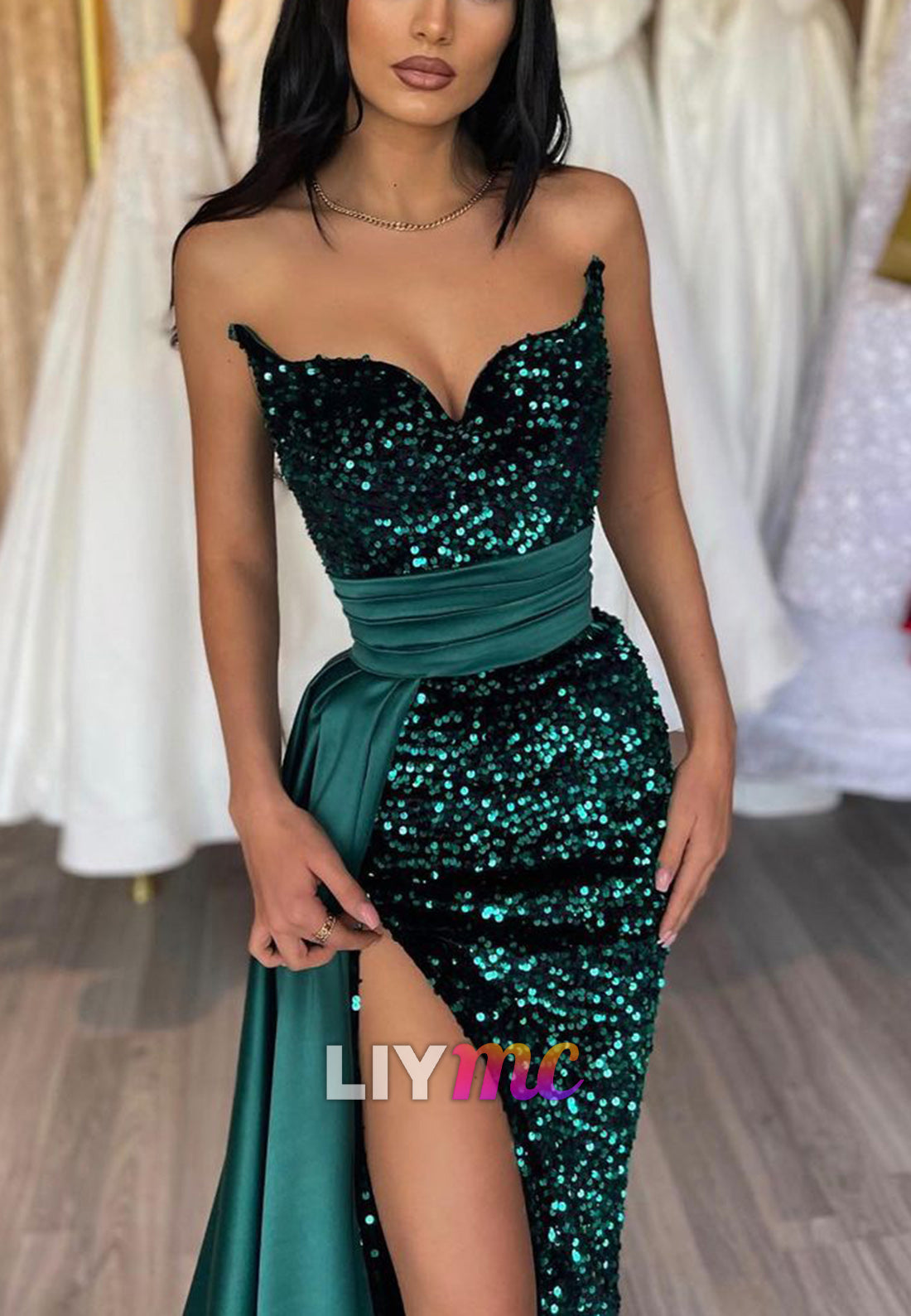 Sweetheart Sleeveless Sequins Sheath High Slit Sheath Prom Dress