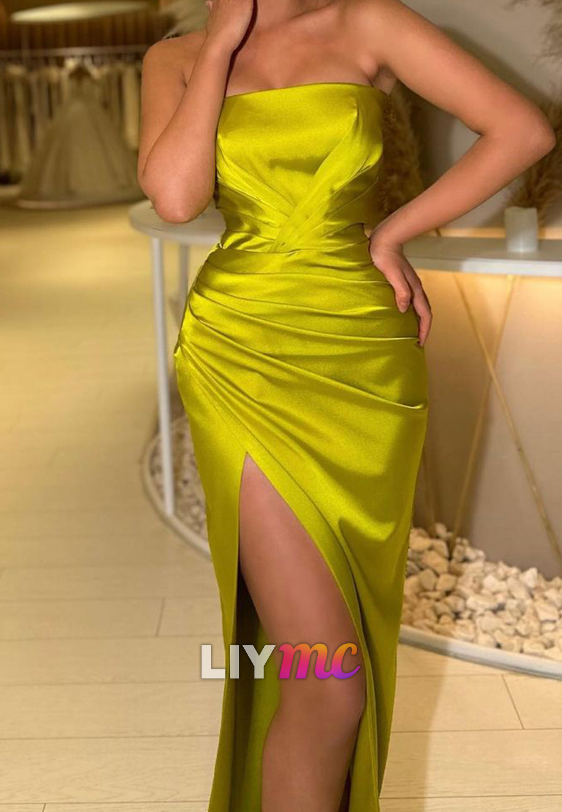 Square Strapless Ruched High Slit Prom Dress