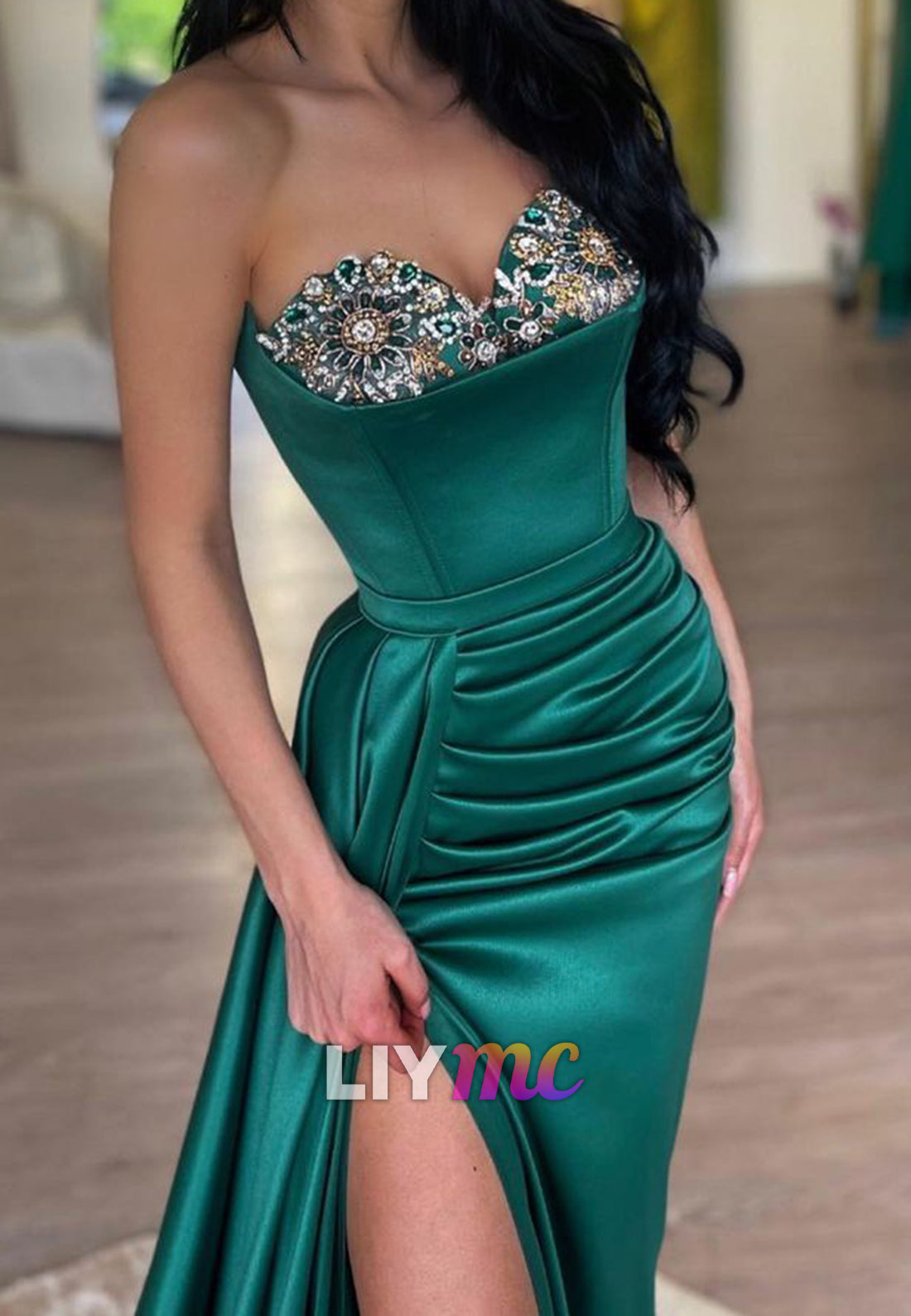 Sweetheart Sleeveless Beaded Ruched High Slit Sheath Prom Dress