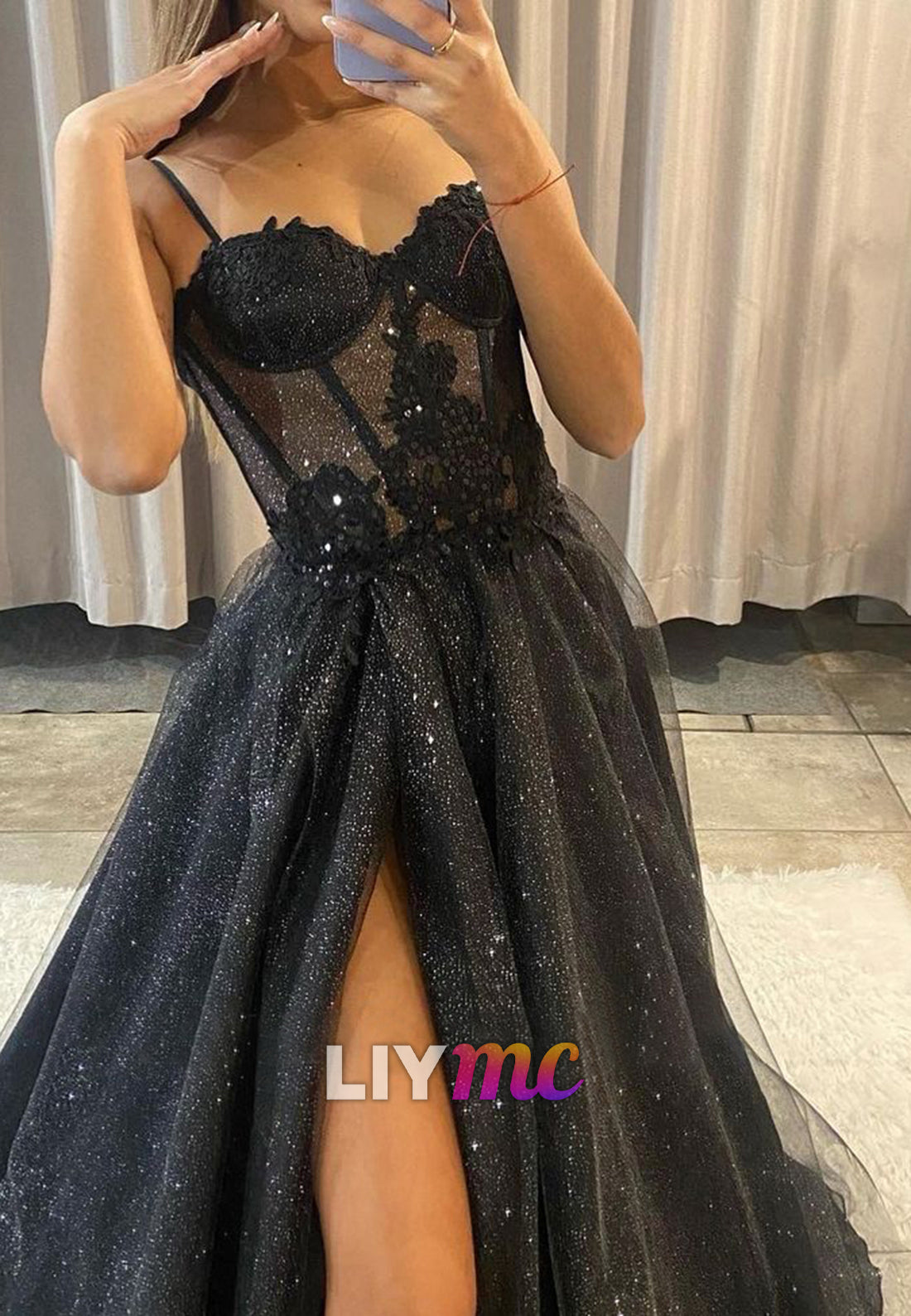 Sweetheart Sleeveless Appliques Tulle High Slit A-Line Prom Dress
