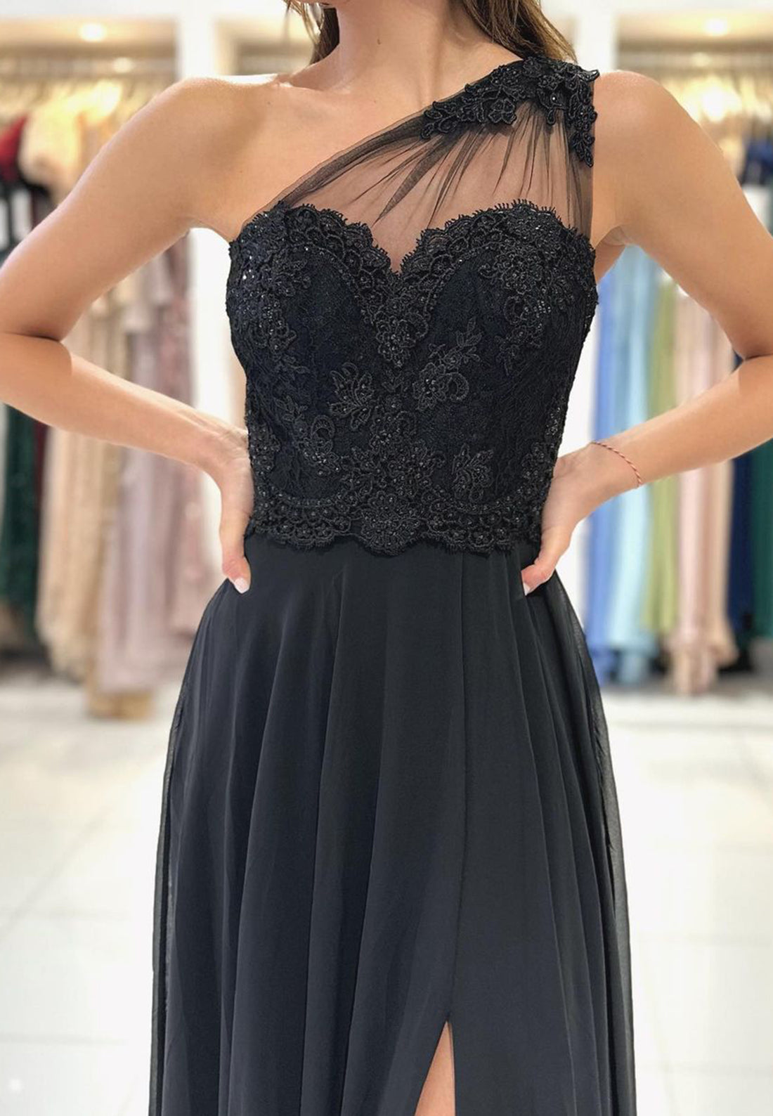 One Shoulder Sleeveless Tulle A-Line High Slit Prom Dress