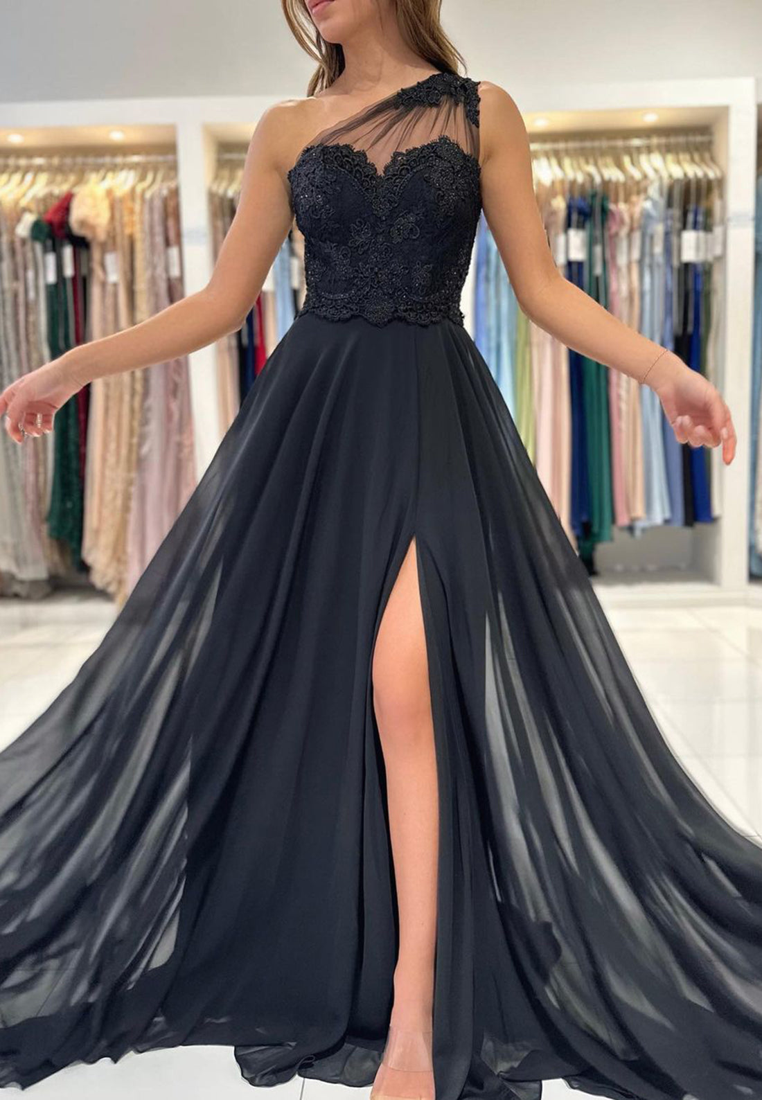 One Shoulder Sleeveless Tulle A-Line High Slit Prom Dress