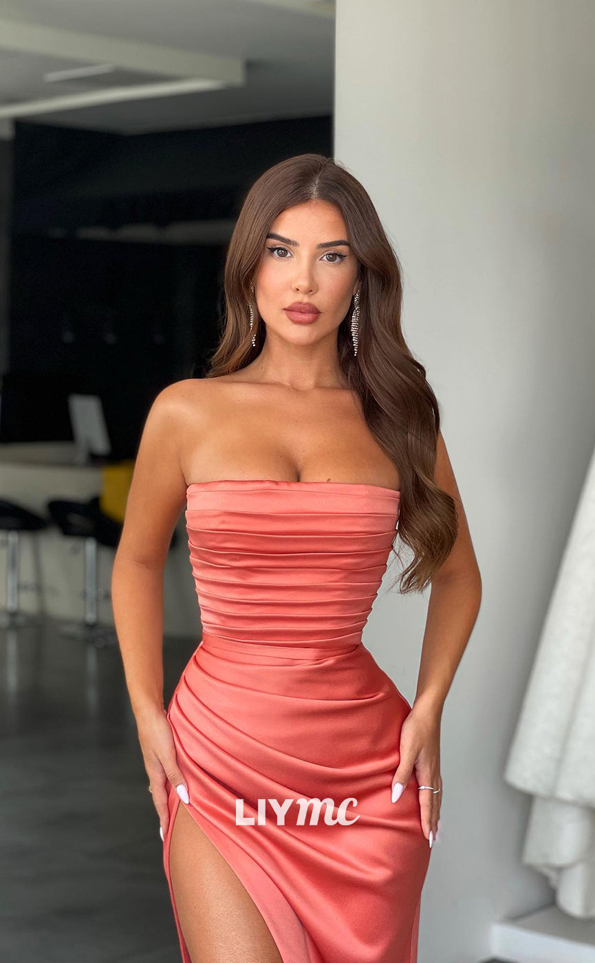 LP302 - Simple Strapless Ruched Satin Sheath Party Evening Dress With Slit