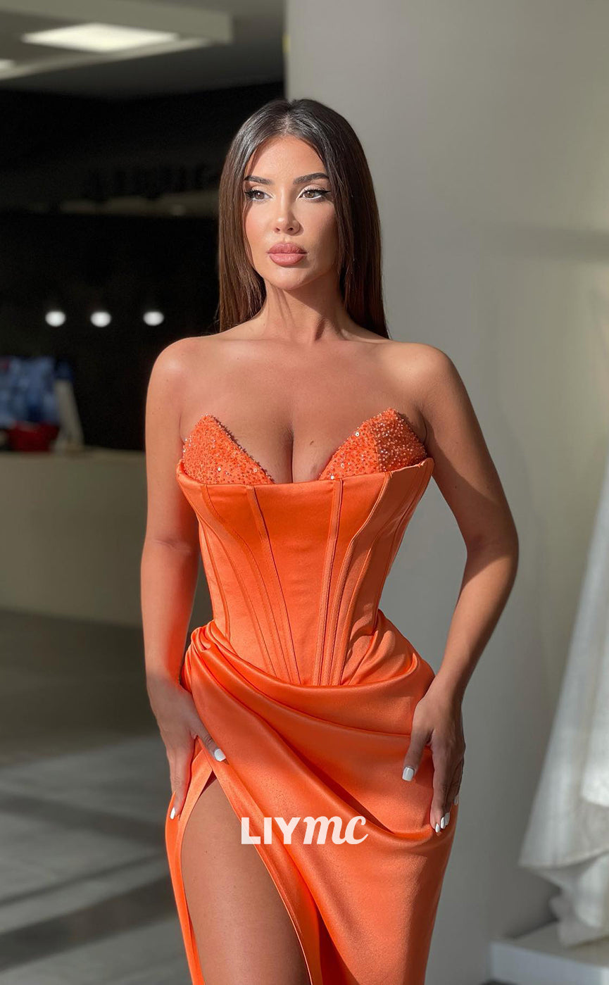 LP303 - Sheath/Column Strapless V-Neck Beaded Velvet Long Prom Evening Dress