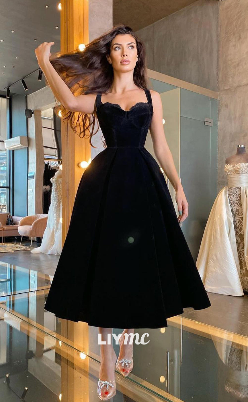 LP306 - A-Line Tea Length Sweetheart Lace Velvet Prom Formal Evening Dress