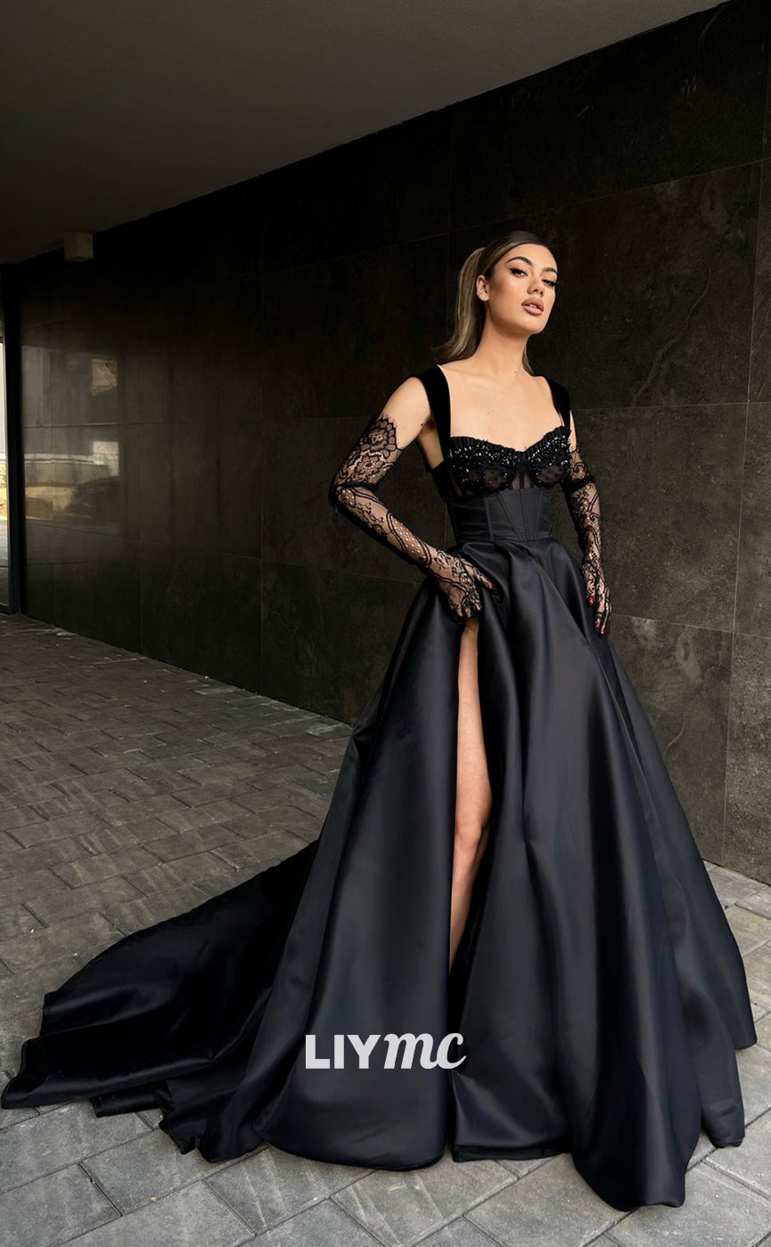 LP314 - A-Line V-Neck Beaded Lace Satin Long Prom Evening Dress