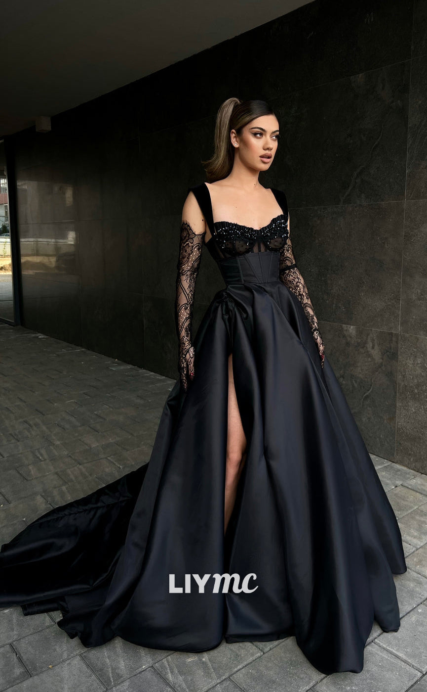 LP314 - A-Line V-Neck Beaded Lace Satin Long Prom Evening Dress Liymc LP314 - A-Line V-Neck Beaded Lace Satin Long Prom Evening Dress Liymc
