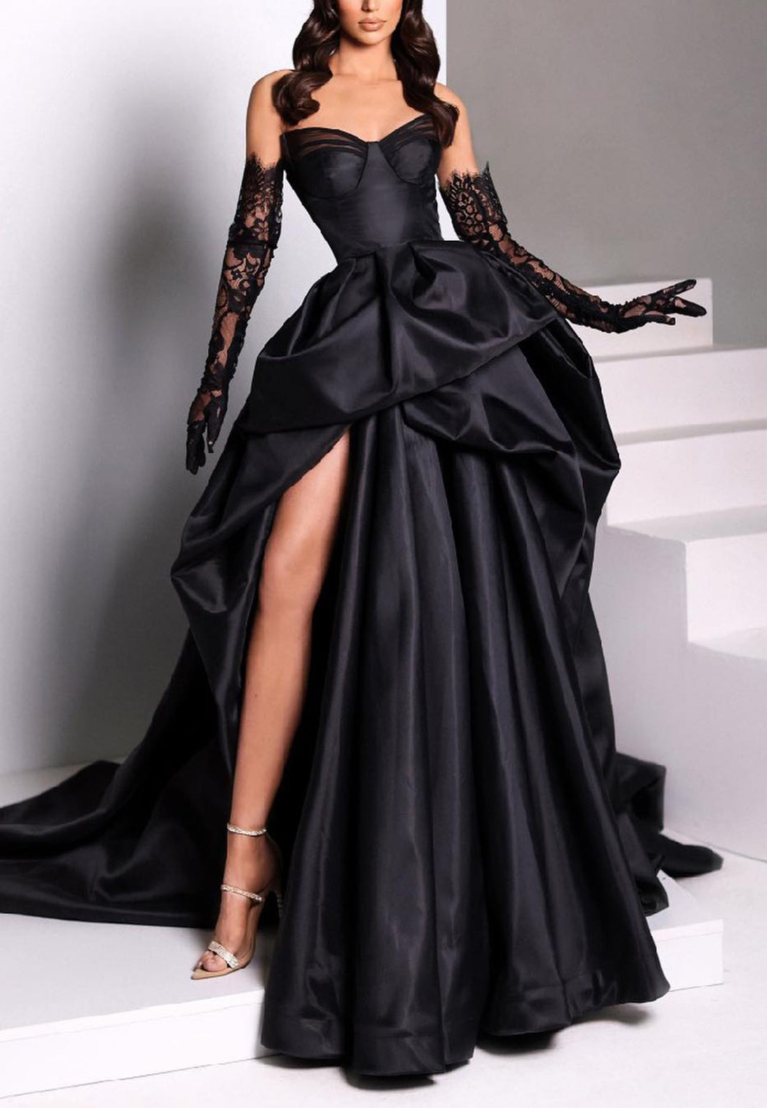 LP318 - Strapless Ruched Satin Long Ball Prom Evening Dress With Slit