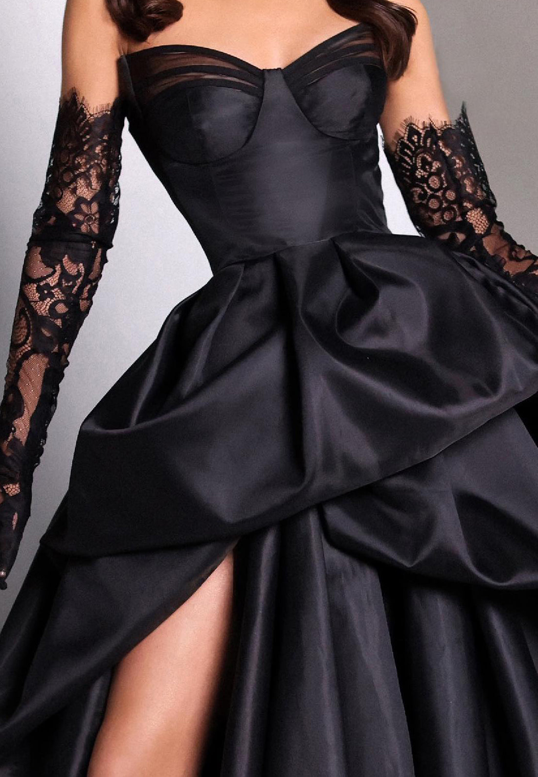 LP318 - Strapless Ruched Satin Long Ball Prom Evening Dress With Slit