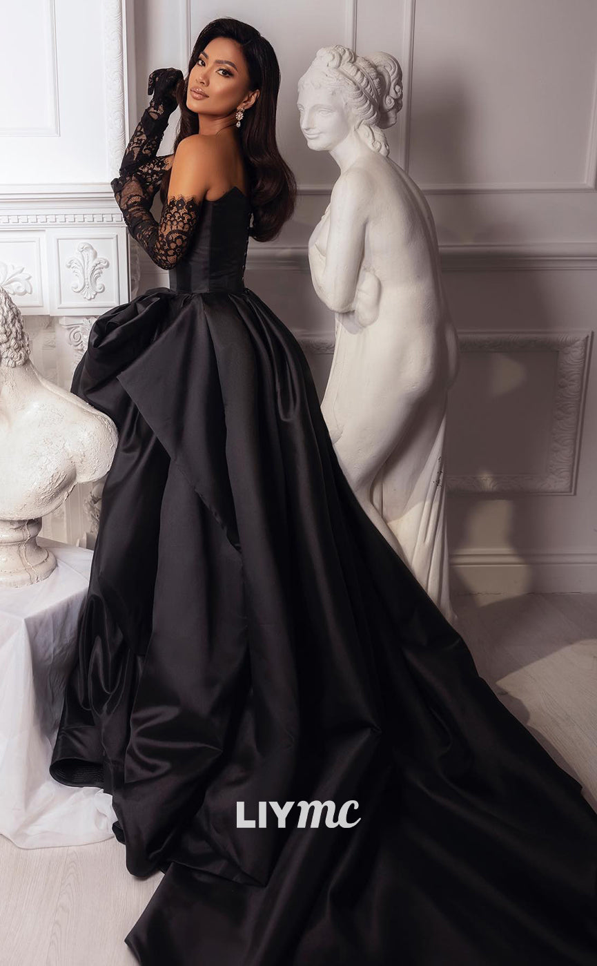 LP318 - Strapless Ruched Satin Long Ball Prom Evening Dress With Slit