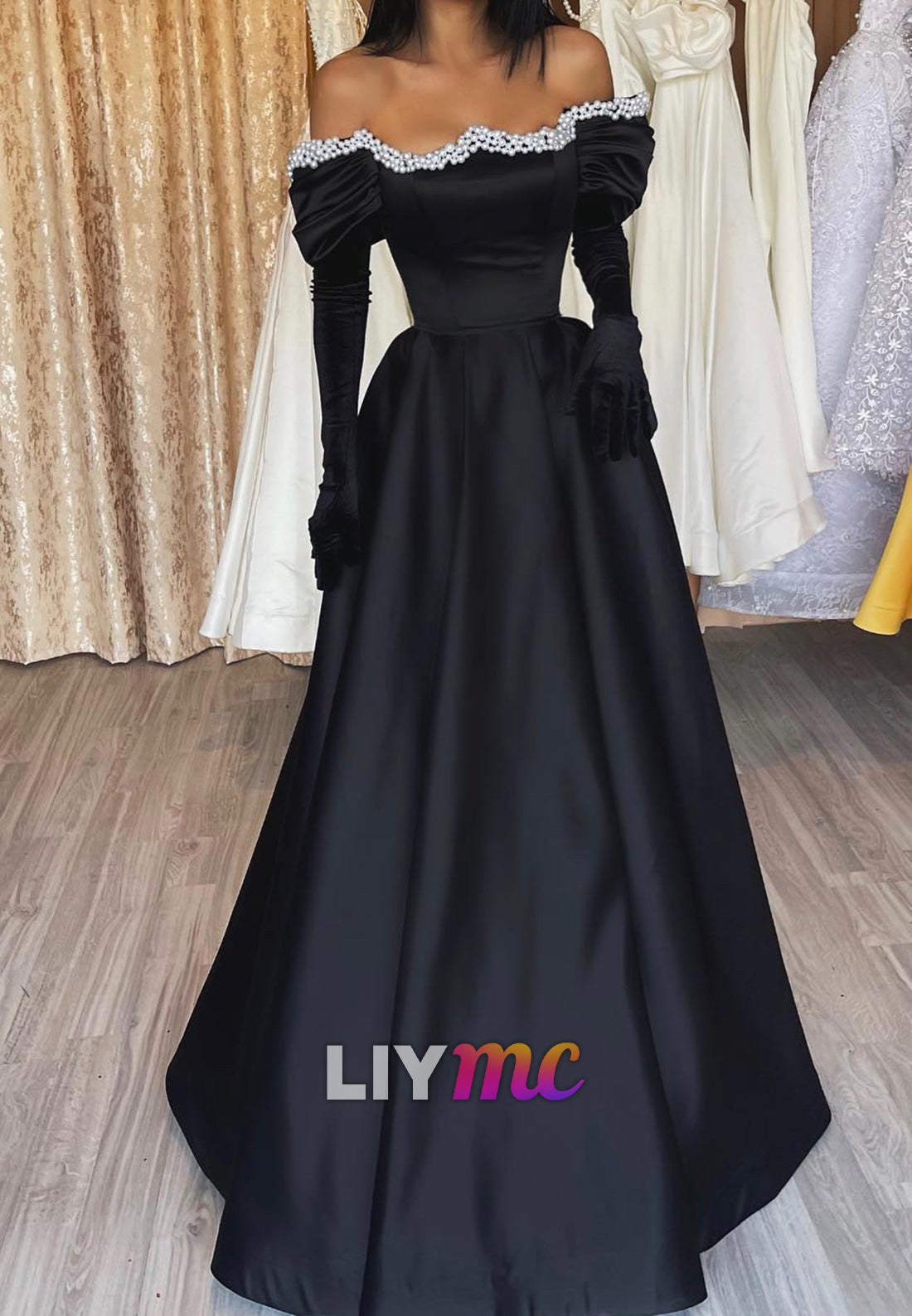 Off-Shoulder Long Sleeves Beaded Pleated A-Line Prom Dress