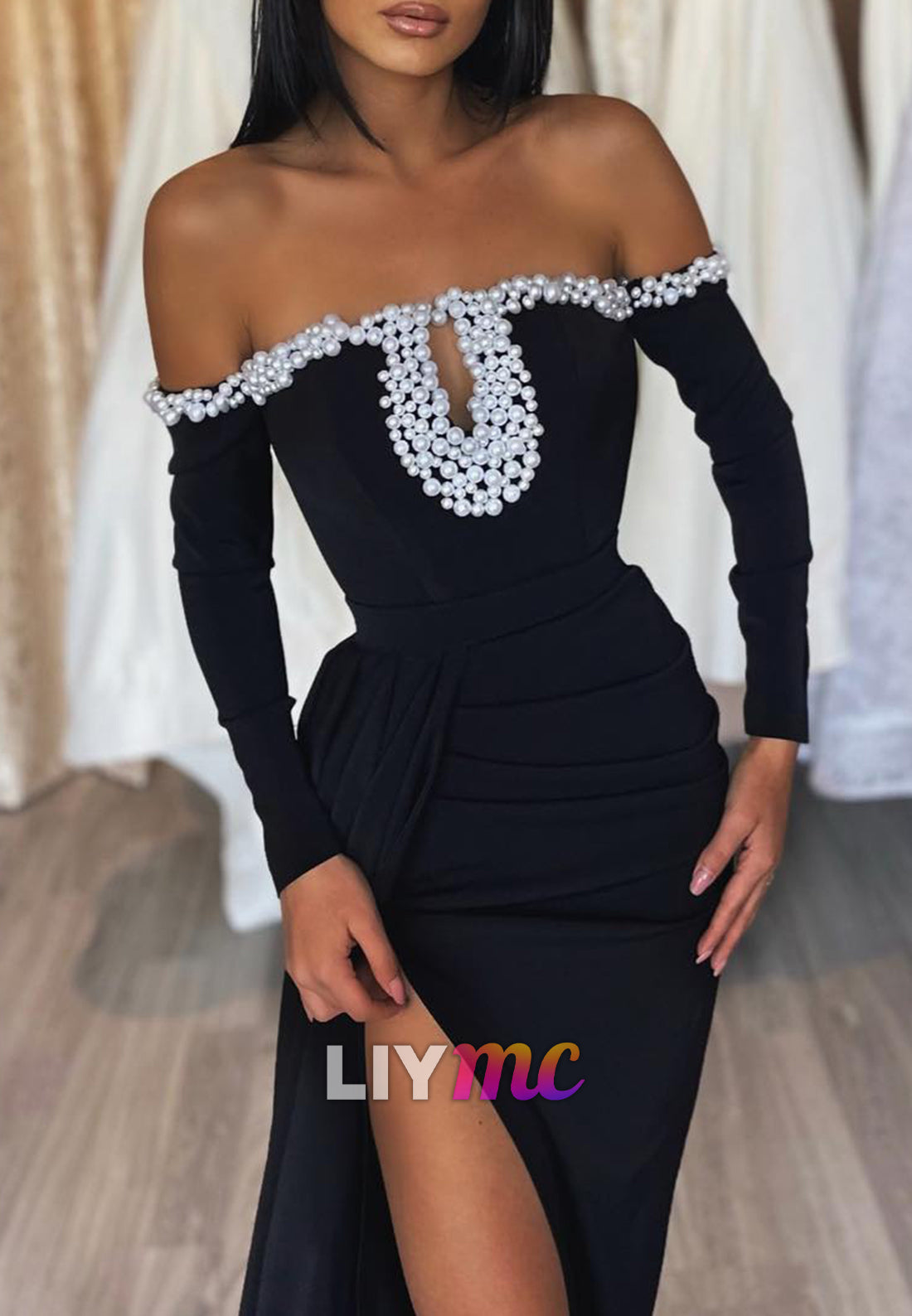 Off-Shoulder Long Sleeves Beaded High Slit Sheath Prom Dress