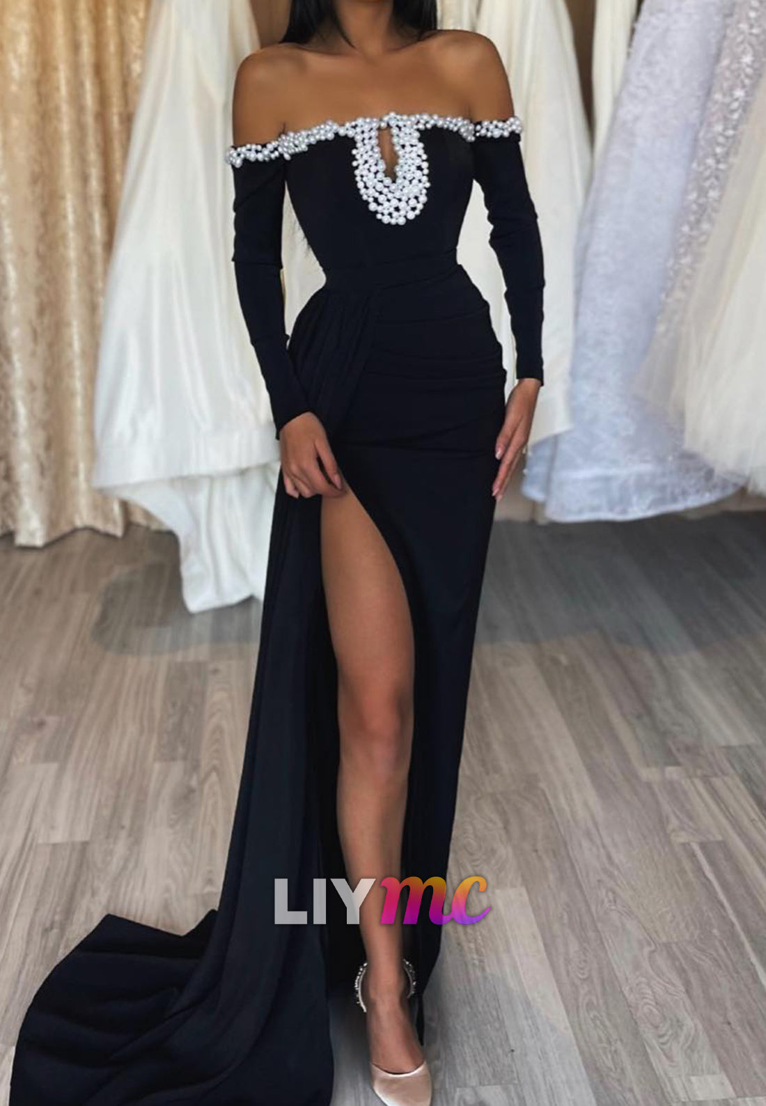 Off-Shoulder Long Sleeves Beaded High Slit Sheath Prom Dress