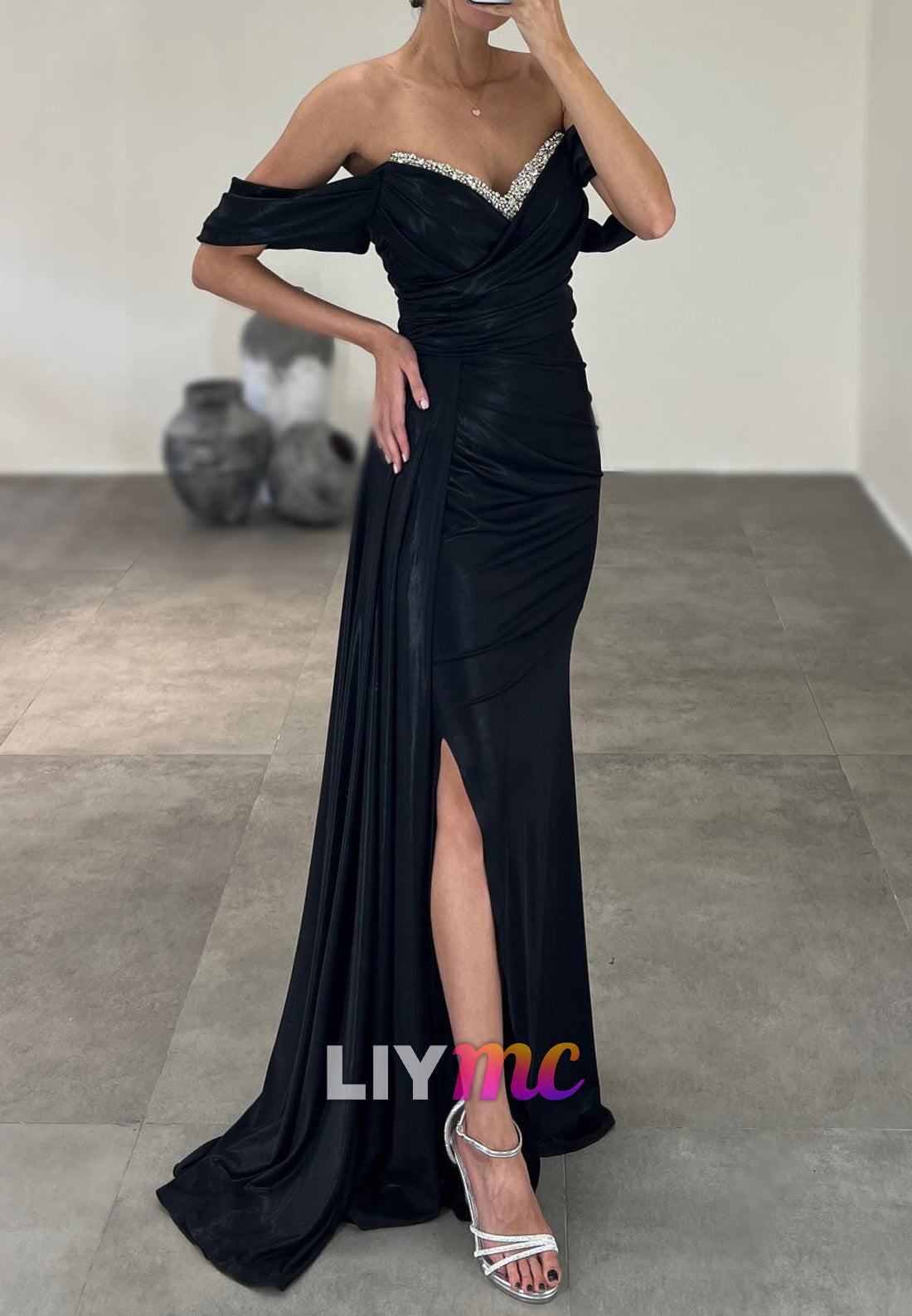 V-Neck Strapless Beaded Ruched High Slit Sheath Prom Dress