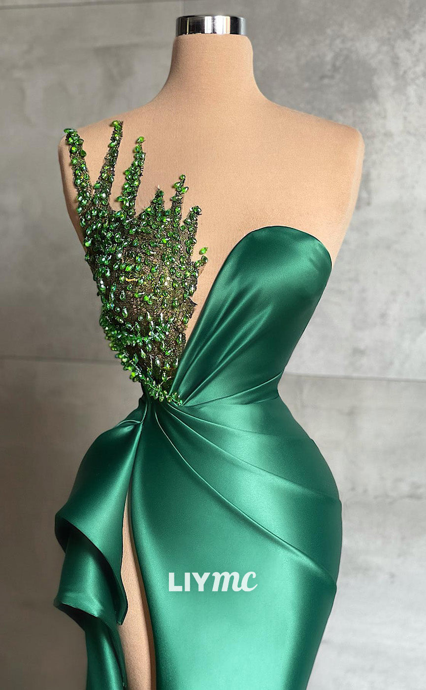 LP594 - Mermaid/Trumpet Illusion Beaded Satin Long Prom Evening Dress With Slit