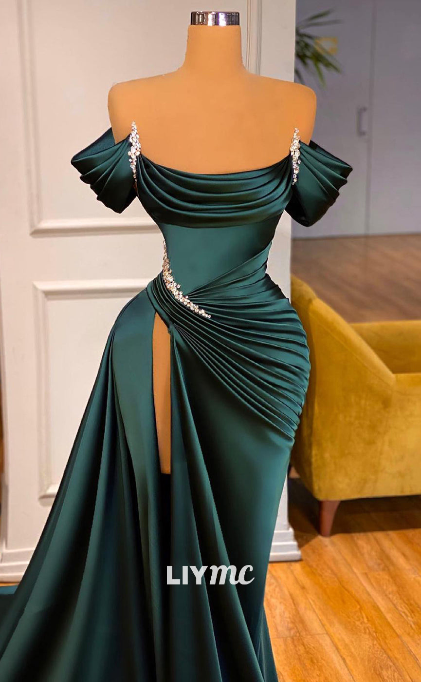 LP595 - Mermaid/Trumpet Off Shoulder Pleated Satin Long Prom Evening Dress With Slit