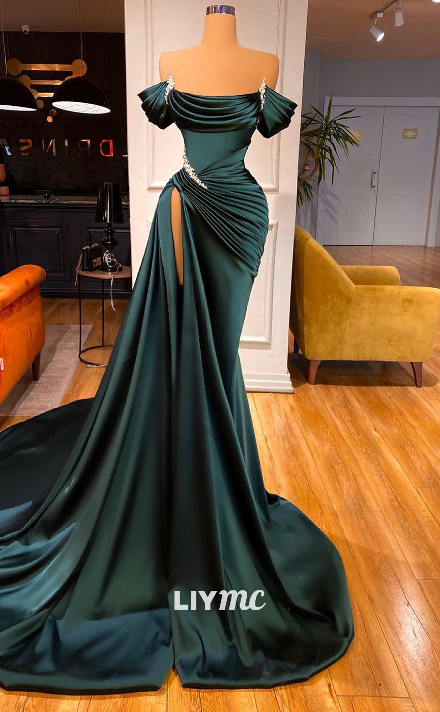 LP595 - Mermaid/Trumpet Off Shoulder Pleated Satin Long Prom Evening Dress With Slit