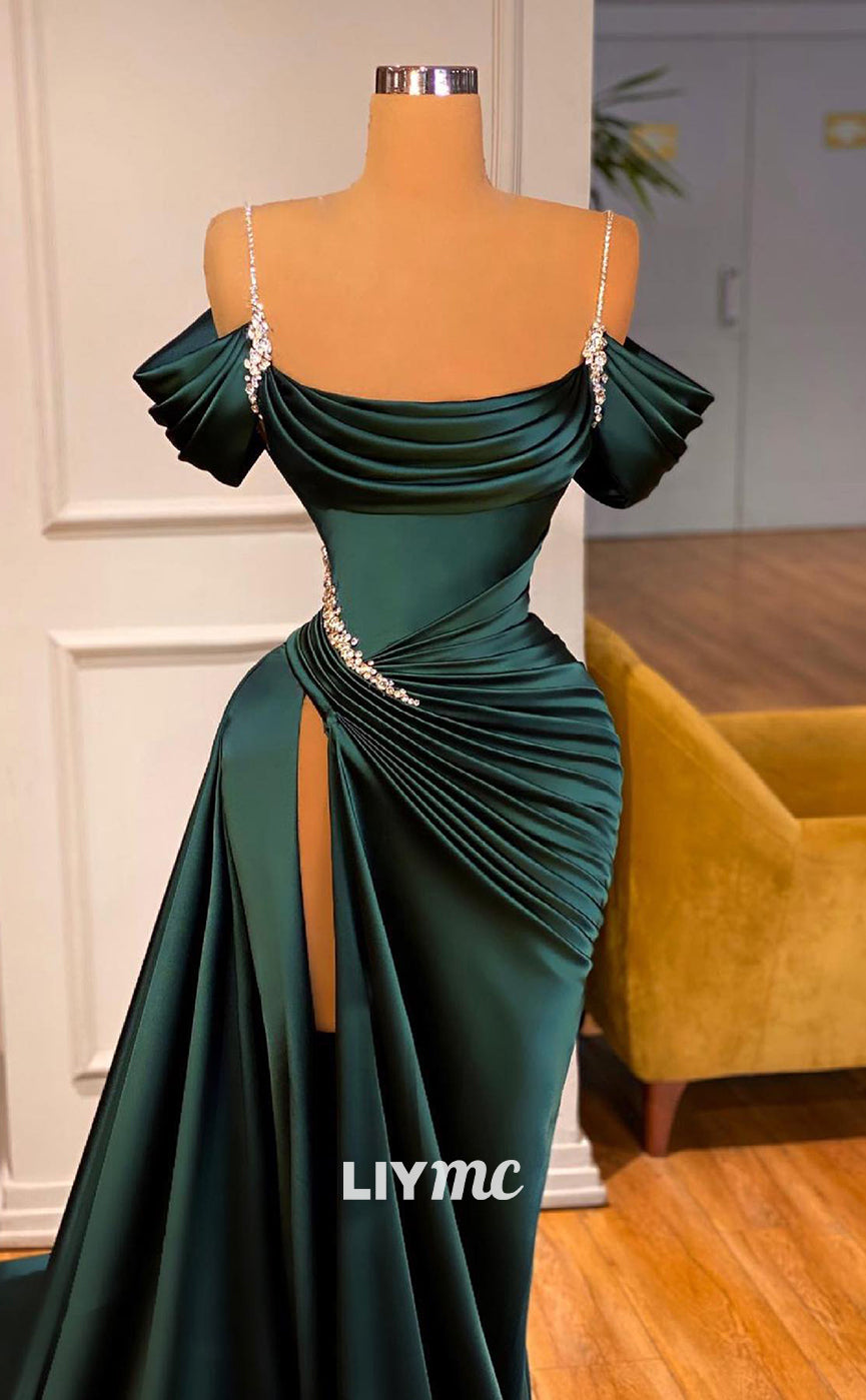 LP595 - Mermaid/Trumpet Off Shoulder Pleated Satin Long Prom Evening Dress With Slit