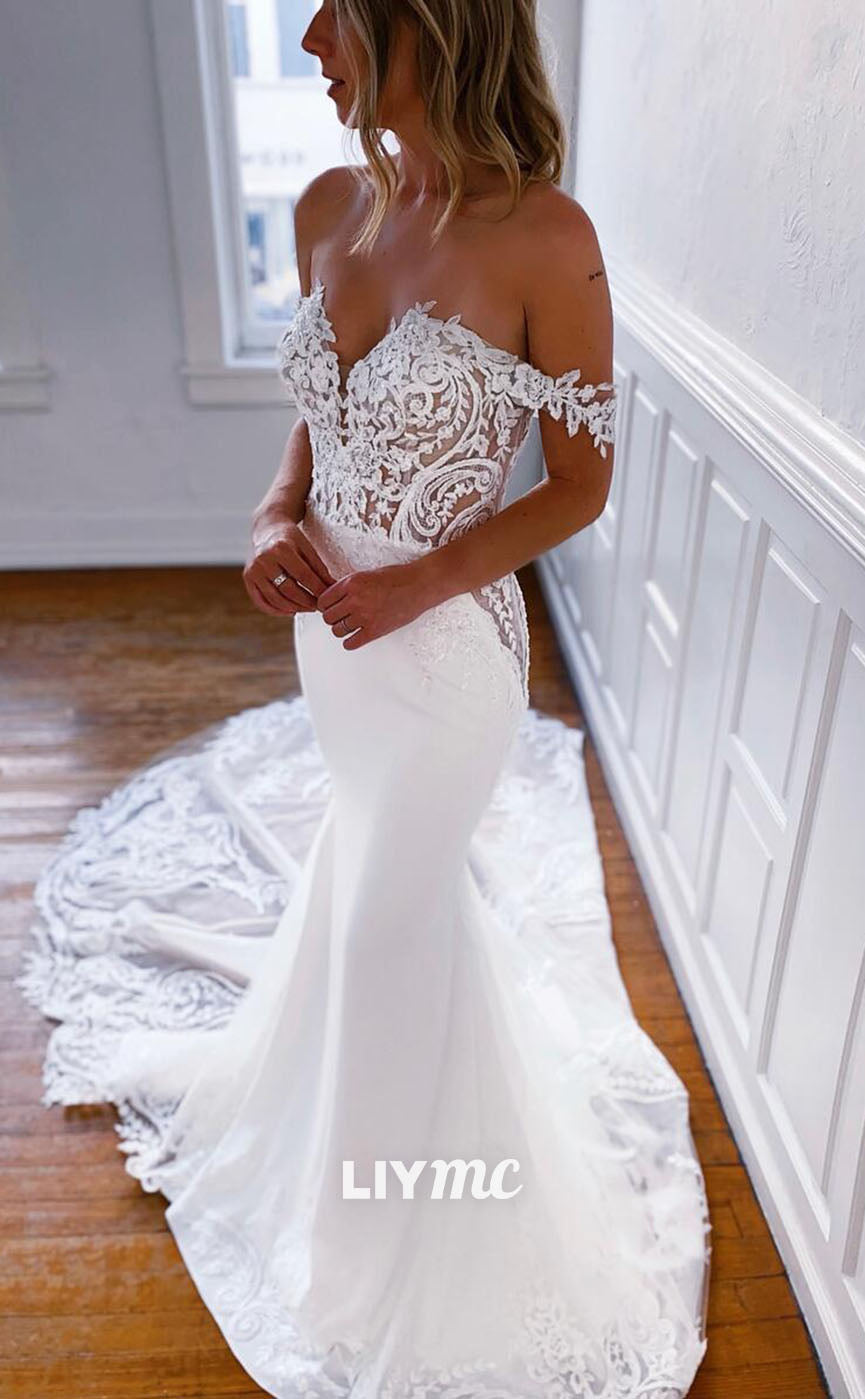 LW057 - Mermaid/Trumpet Off Shoulder Appliqued Lace Satin Long Wedding Dress