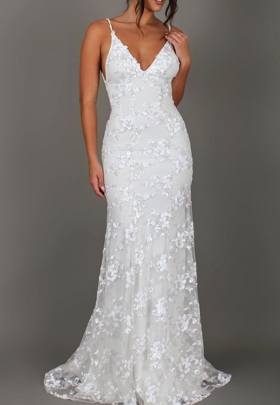 V-Neck Spaghetti Straps Appliques Backless Mermaid Beach Wedding Dress