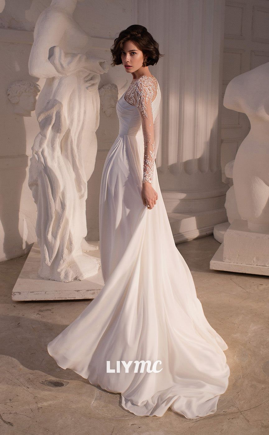 LW079 - A Line Scoop Long Sleeves Lace Ruched Chiffon Long Wedding Dress