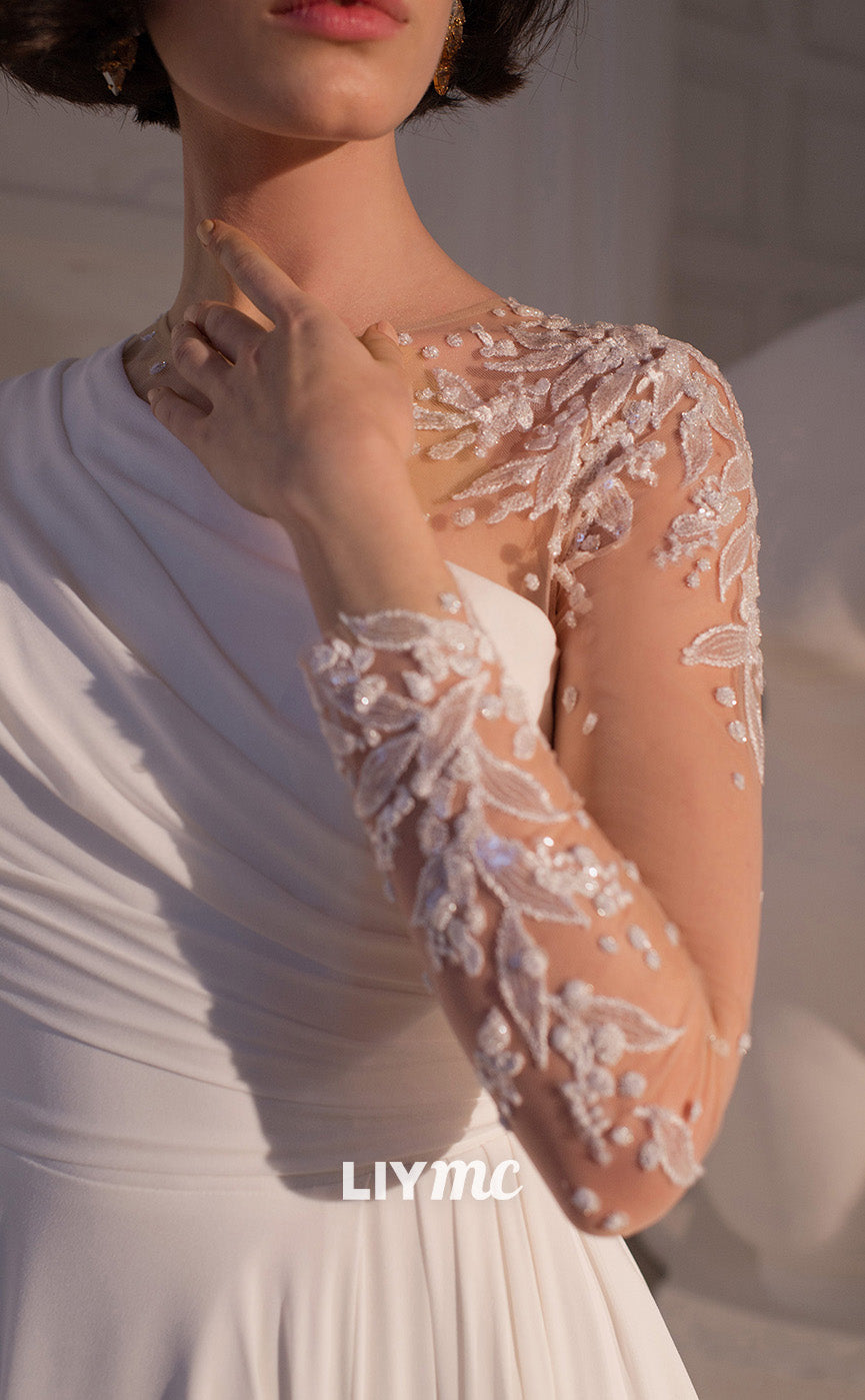 LW079 - A Line Scoop Long Sleeves Lace Ruched Chiffon Long Wedding Dress