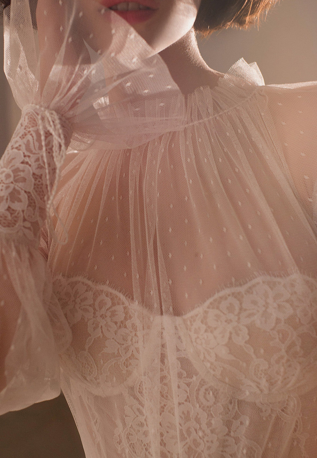 LW088 - Elegant A Line High Neck Long Sleeves Sheer Lace Tulle Long Wedding Dress