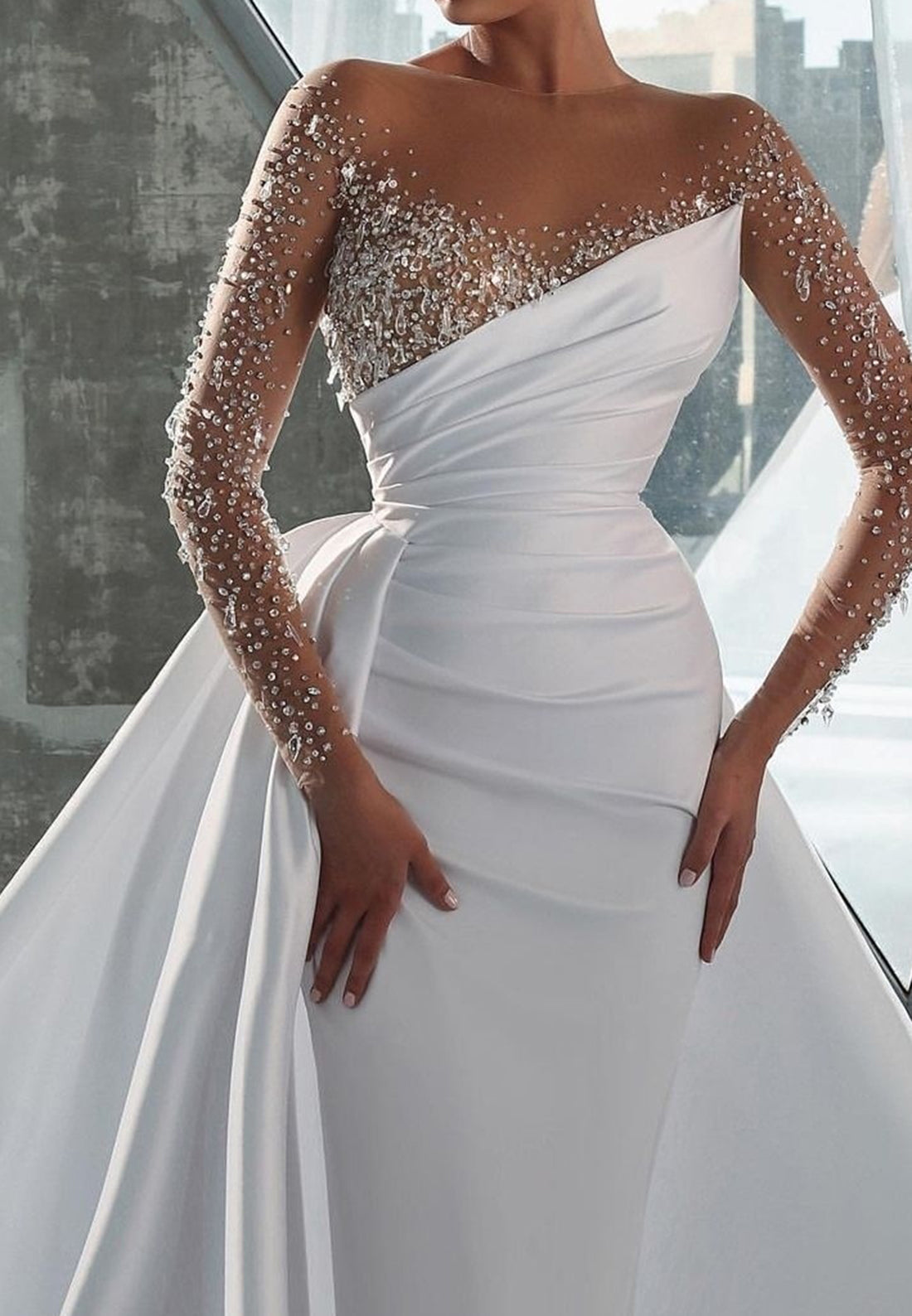 V-Neck Long Sleeves Beaded Sheath Sparkly Wedding Dress