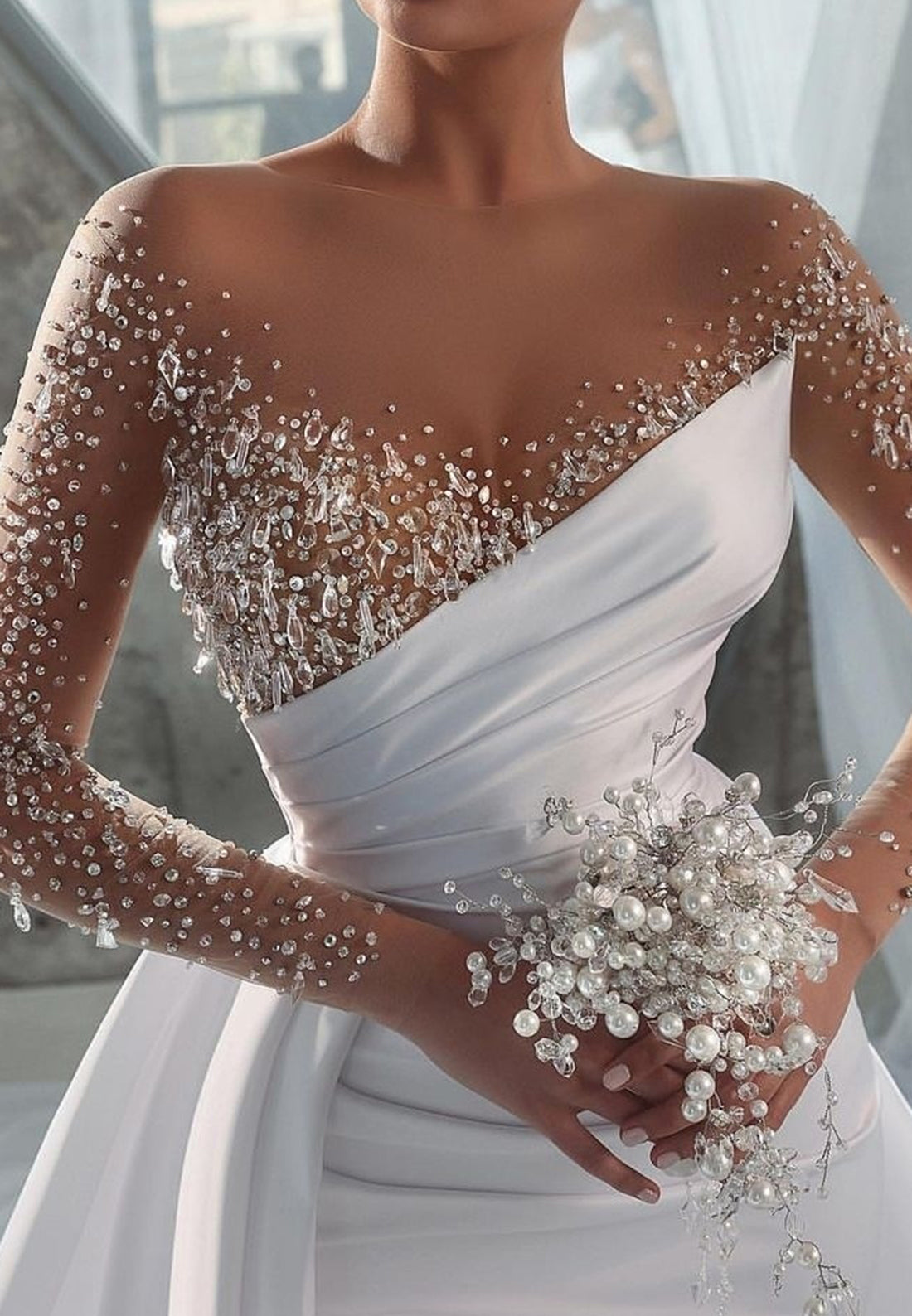 V-Neck Long Sleeves Beaded Sheath Sparkly Wedding Dress