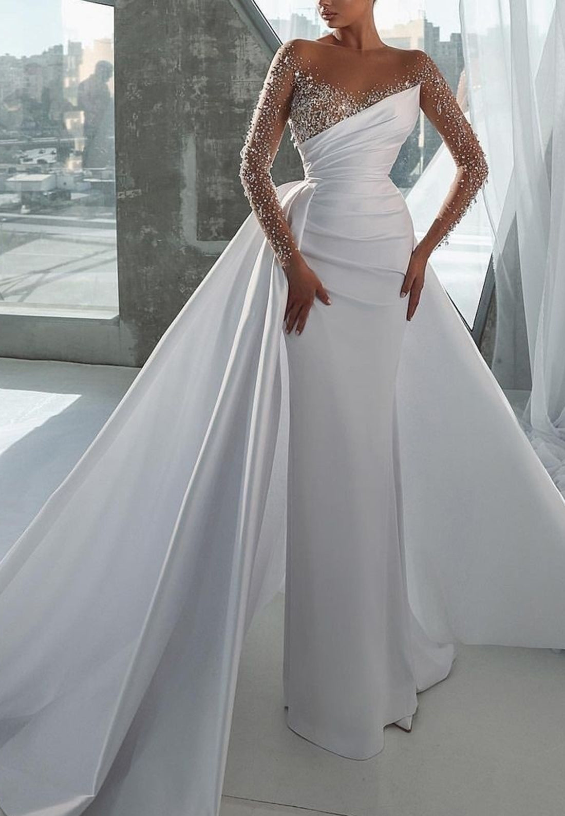 V-Neck Long Sleeves Beaded Sheath Sparkly Wedding Dress