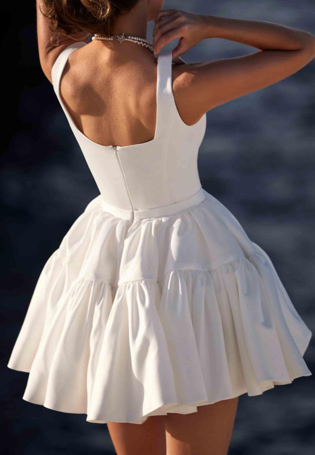 LW139 - A Line Square Neck Pleated Satin Mini Wedding Dress