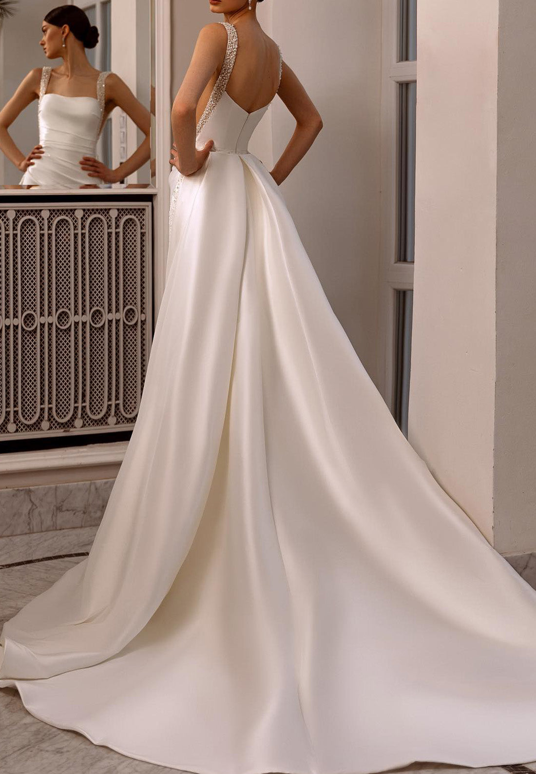 LW712 - Square Sleeveless Beaded Sleek Satin Mermaid Sweep Train Wedding Dress