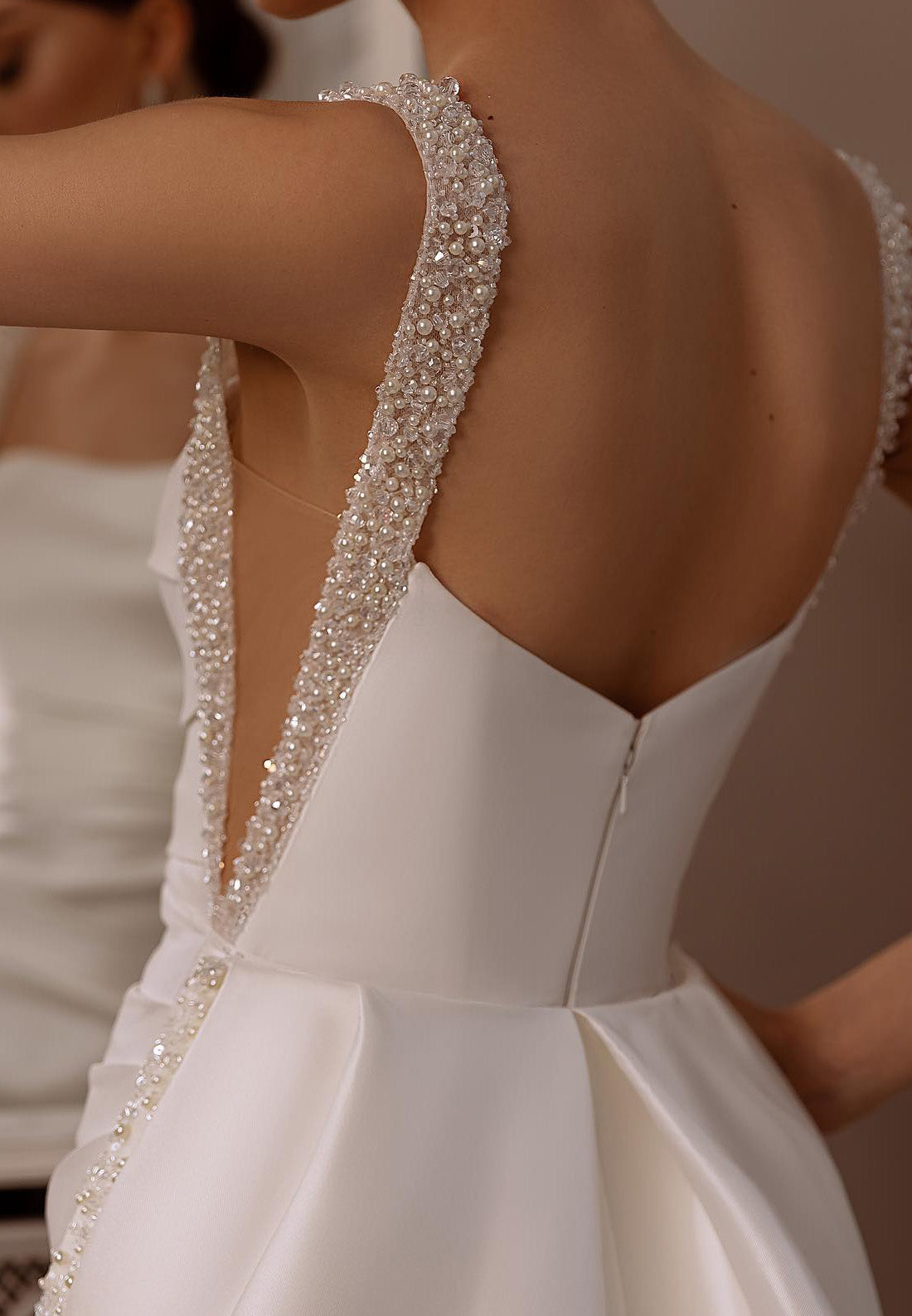 LW712 - Square Sleeveless Beaded Sleek Satin Mermaid Sweep Train Wedding Dress