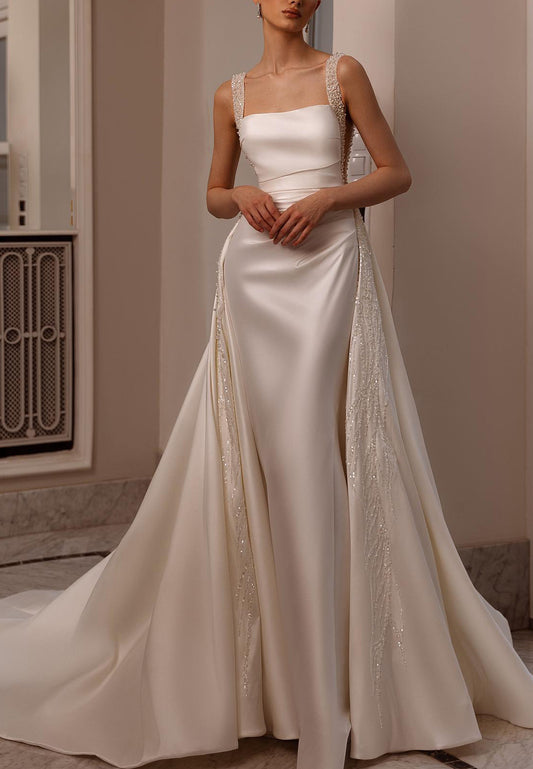 LW712 - Square Sleeveless Beaded Sleek Satin Mermaid Sweep Train Wedding Dress
