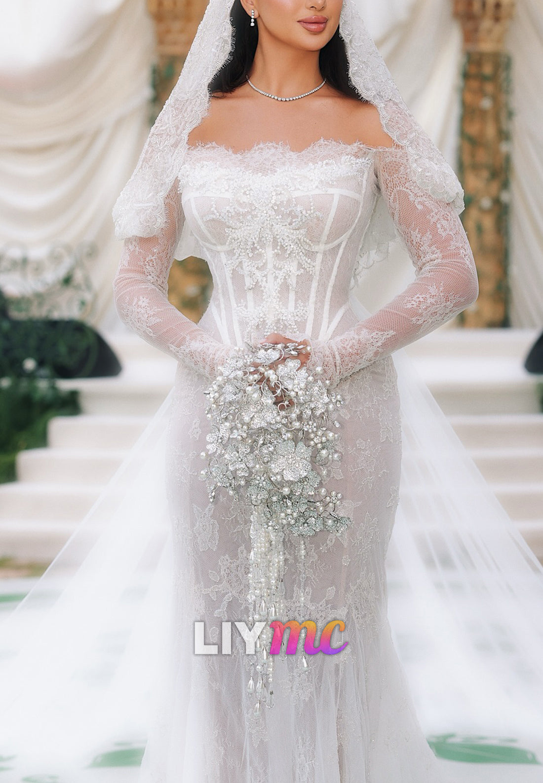 Lace Appliques Mermaid Off-Shoulder Long Sleeves Wedding Dress