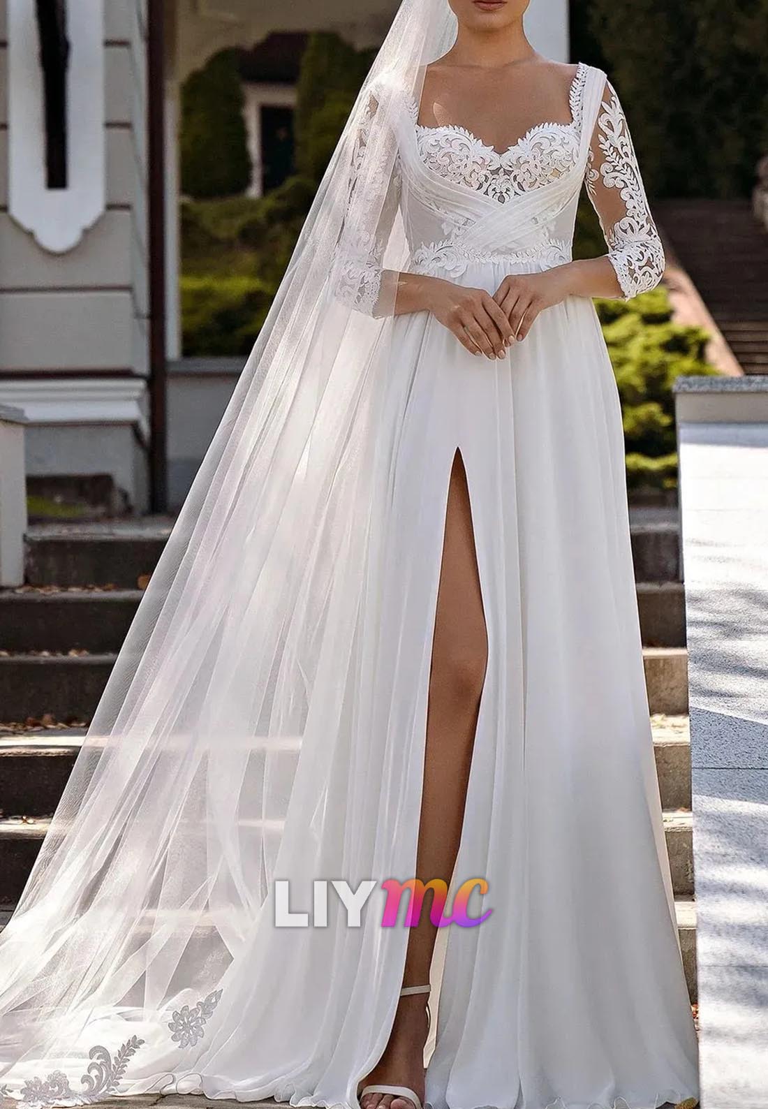 Sweetheart Wedding Dresses Side Split Long Sleeves A-Line Chiffon Bride Gowns