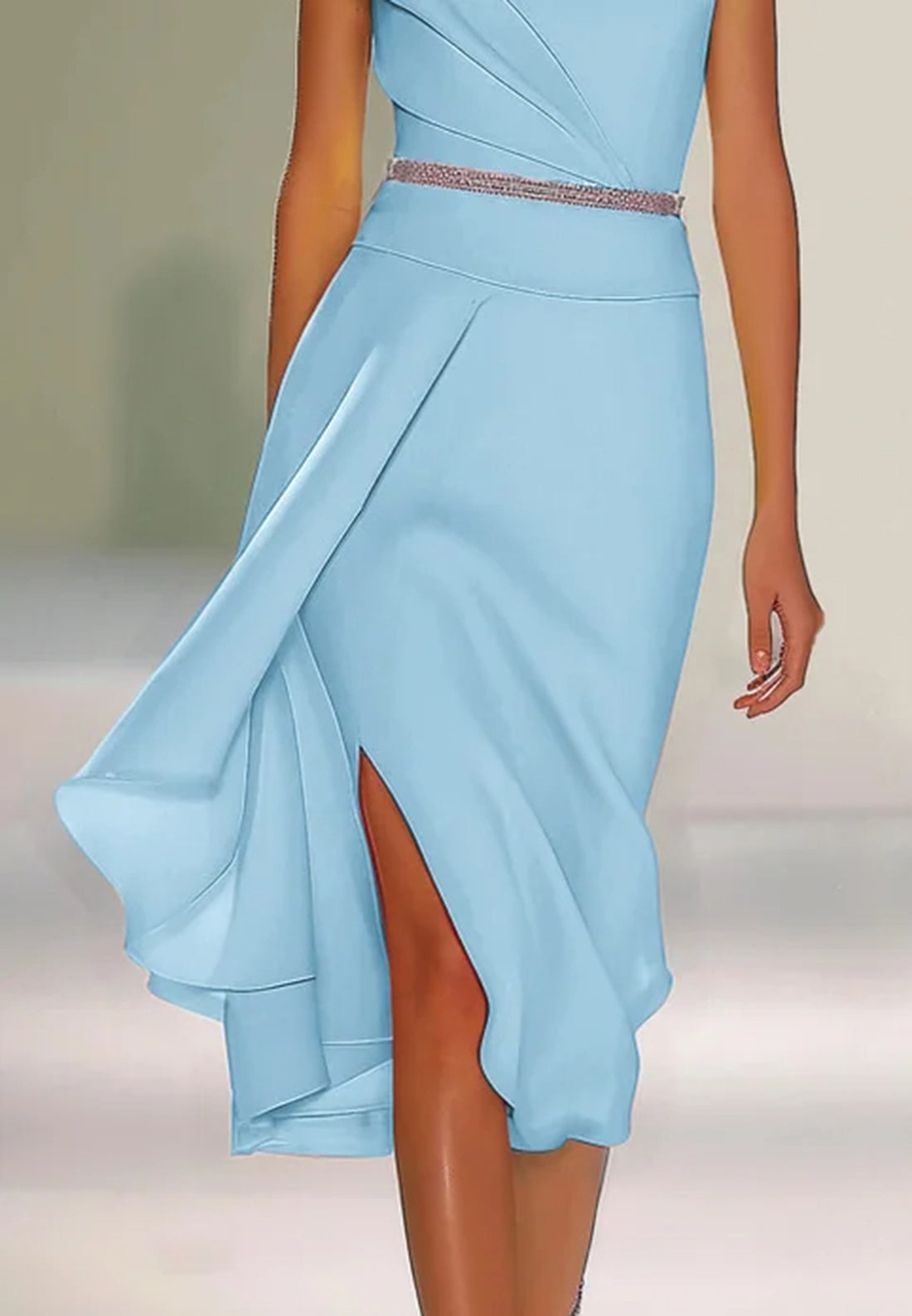 Light Blue Asymmetrical Neck Cap Sleeve Rhinestone A-Line Midi Dress
