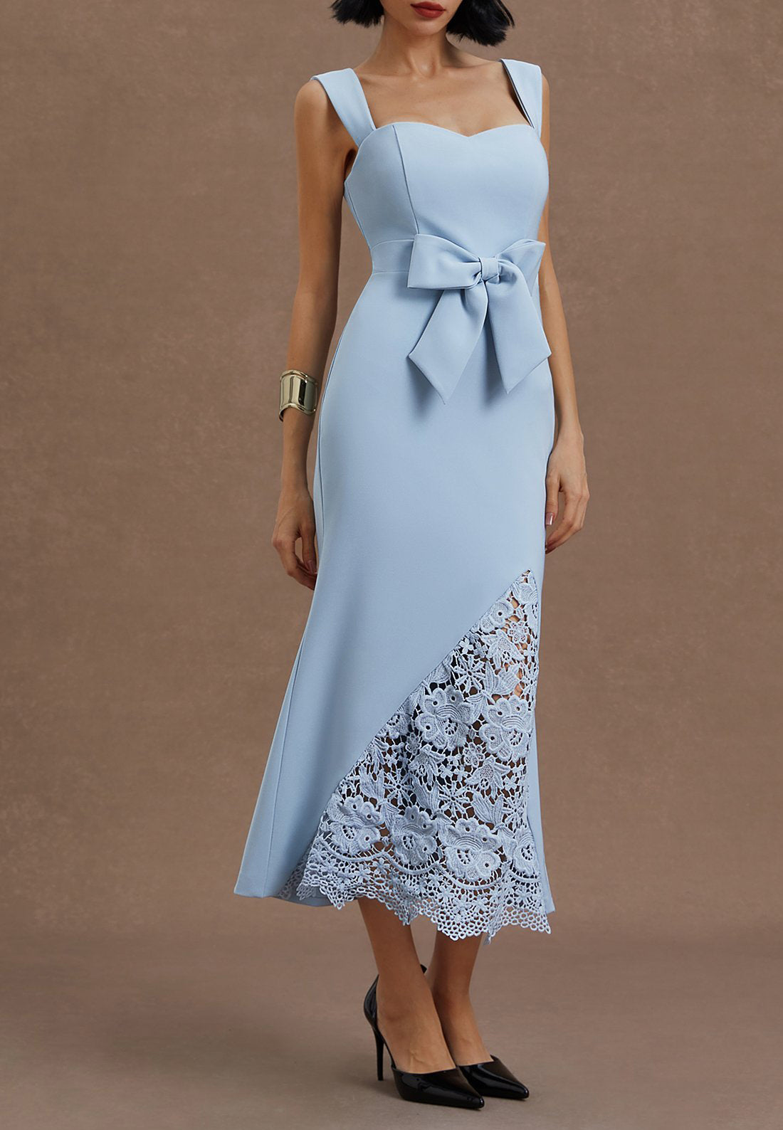 Light Blue Bow Lace Sweetheart Neckline Sleeveless Mermaid Midi Dress