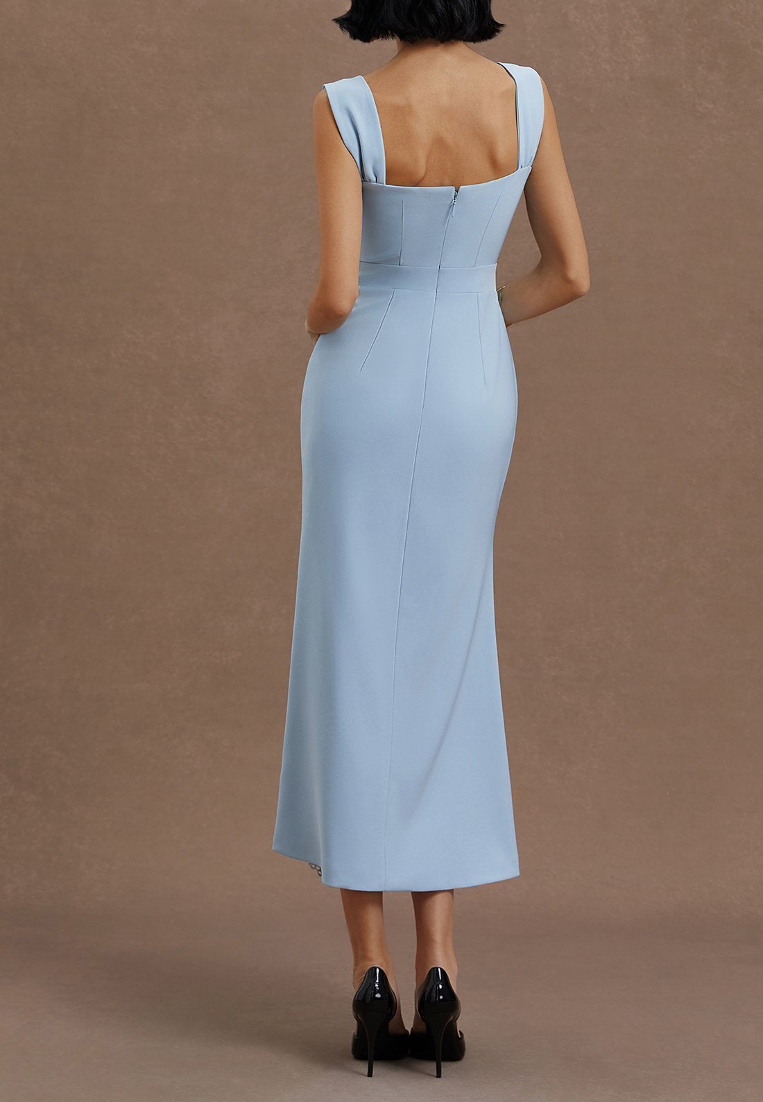 Light Blue Bow Lace Sweetheart Neckline Sleeveless Mermaid Midi Dress