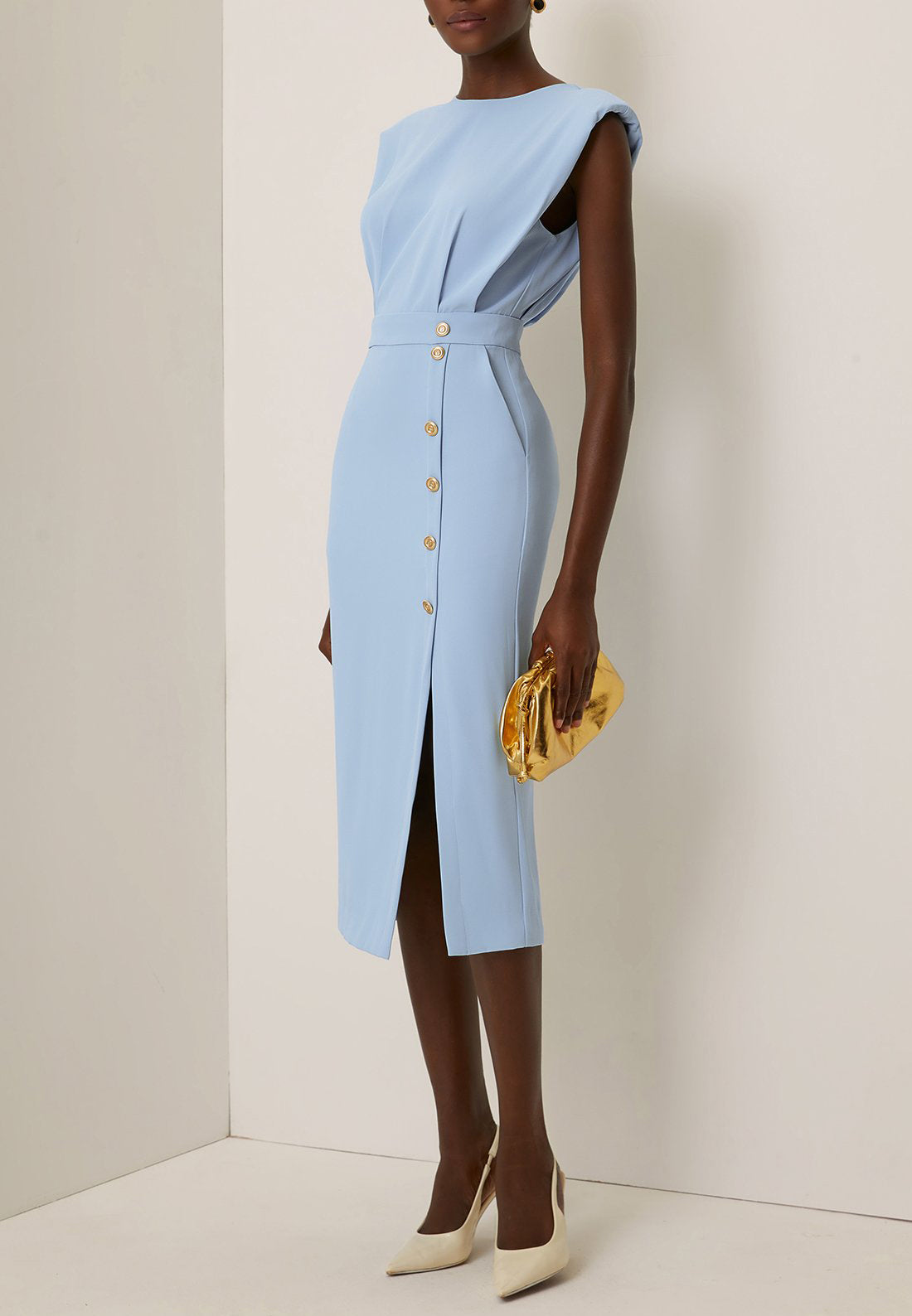 Light Blue Buckle Classic Crew Neck Sleeveless Sheath Midi Dress