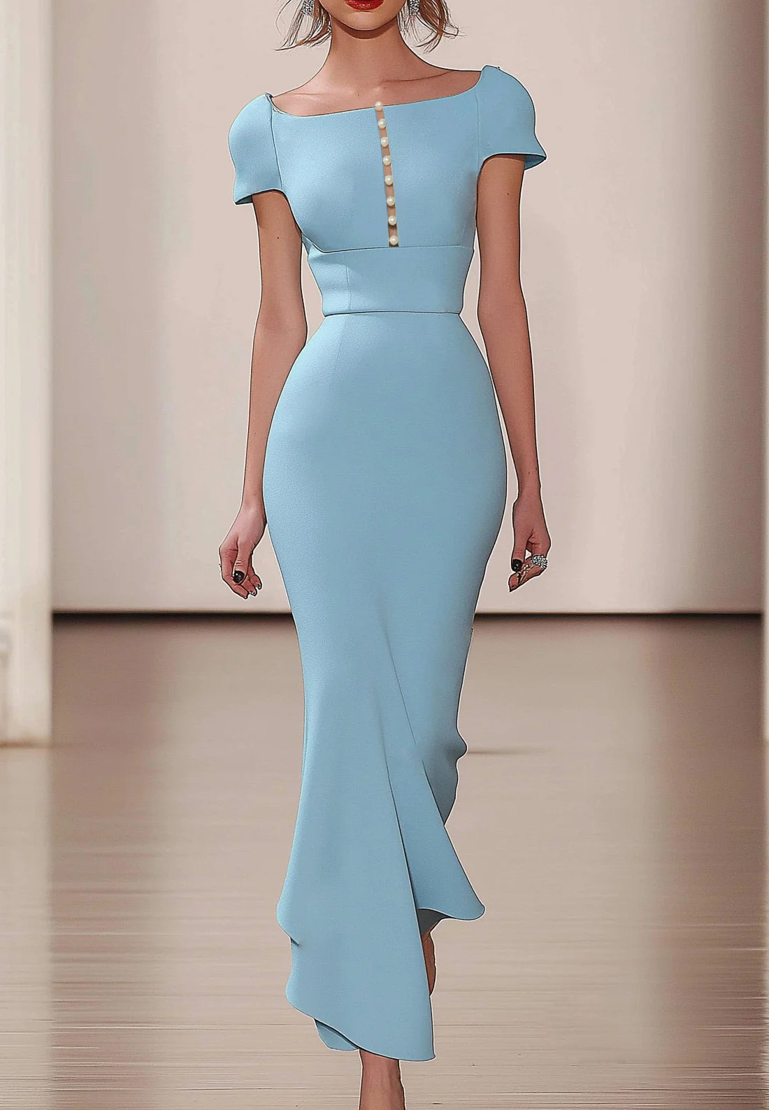Light Blue Imitation Pearls Square Neck Short Sleeve Maxi Dress