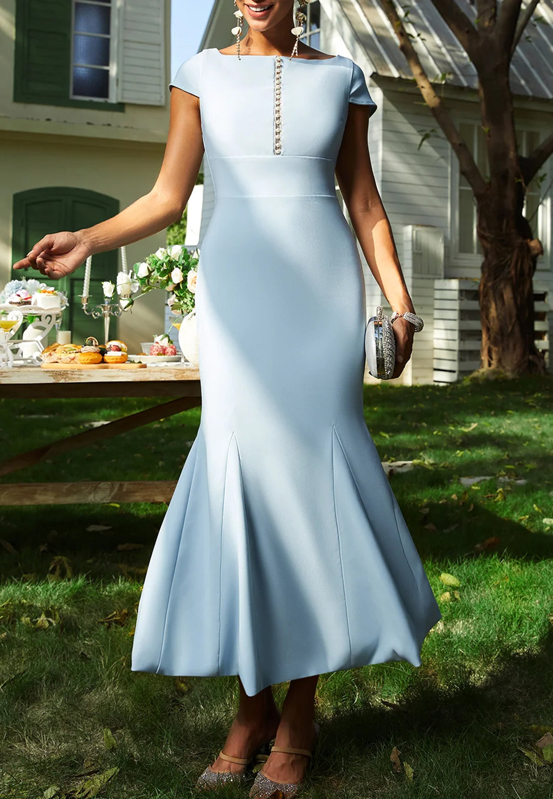 Light Blue Imitation Pearls Square Neck Short Sleeve Maxi Dress