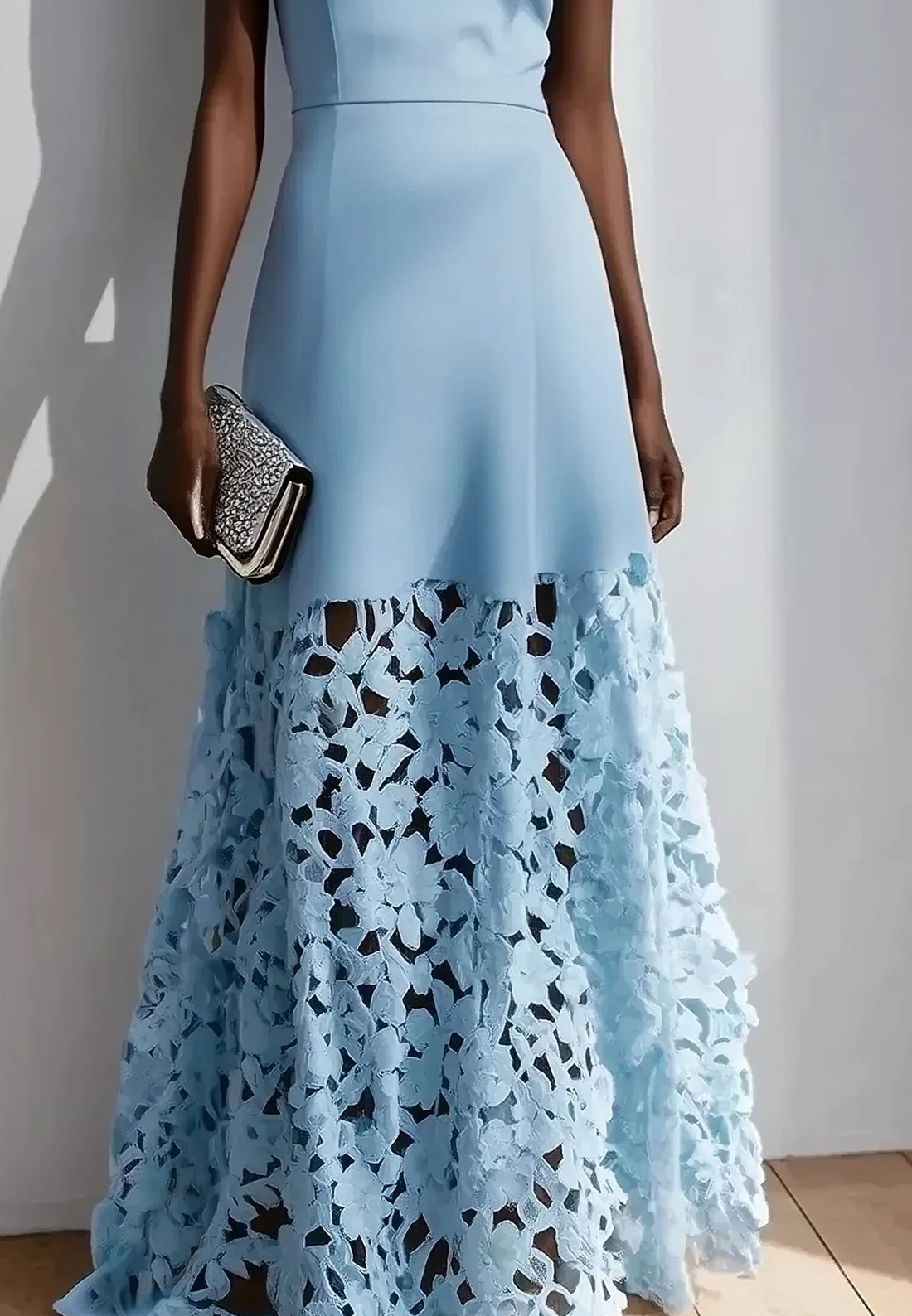 Light Blue Lace Classic Boat Neck Sleeveless A-Line Maxi Dress