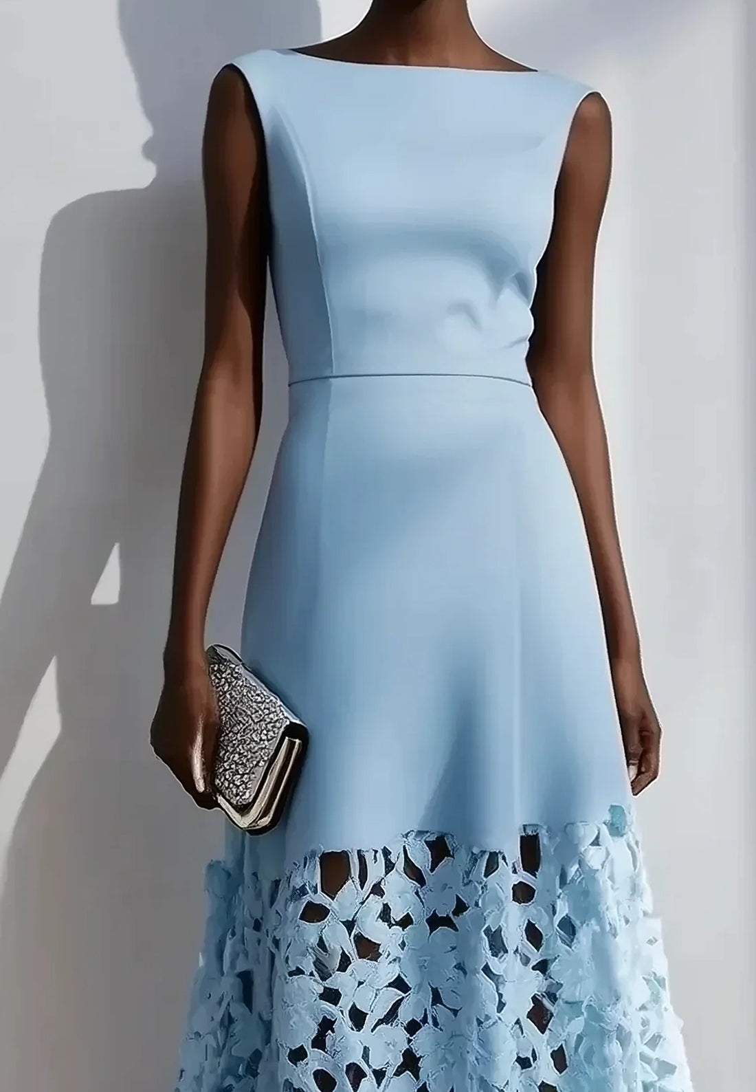 Light Blue Lace Classic Boat Neck Sleeveless A-Line Maxi Dress