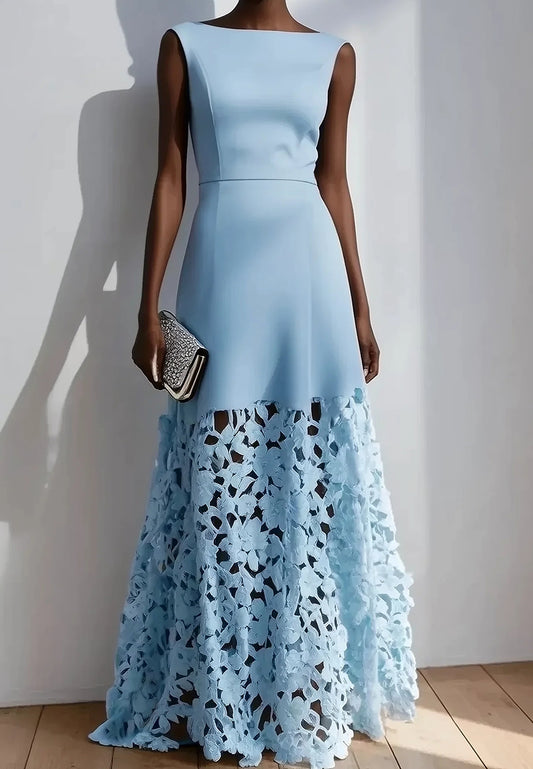 Light Blue Lace Classic Boat Neck Sleeveless A-Line Maxi Dress
