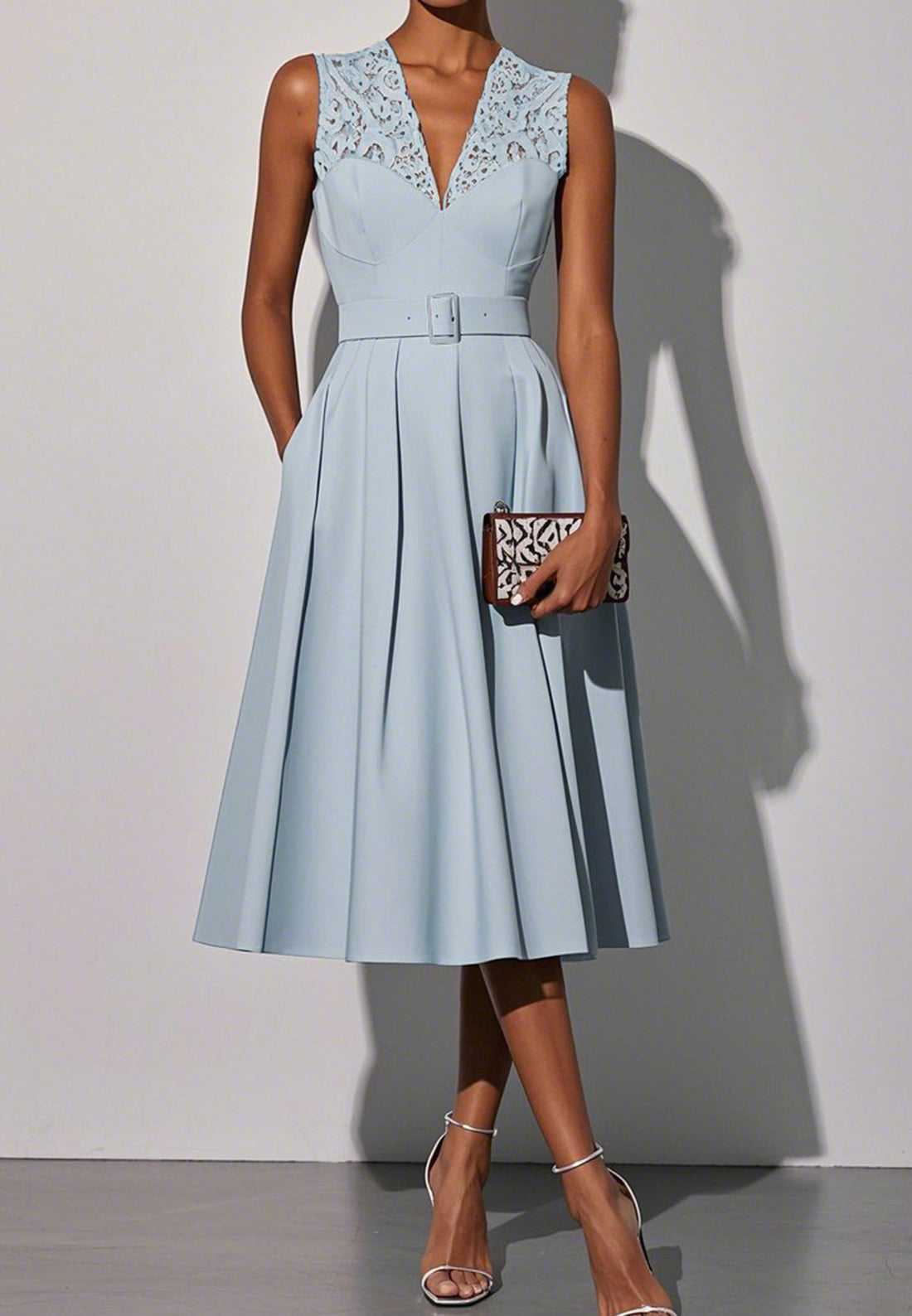 Light Blue Lace V Neck Sleeveless A-Line Midi Dress