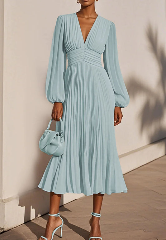 Light Blue Pleated Ruched Balloon Sleeve A-Line Midi Chiffon Dress